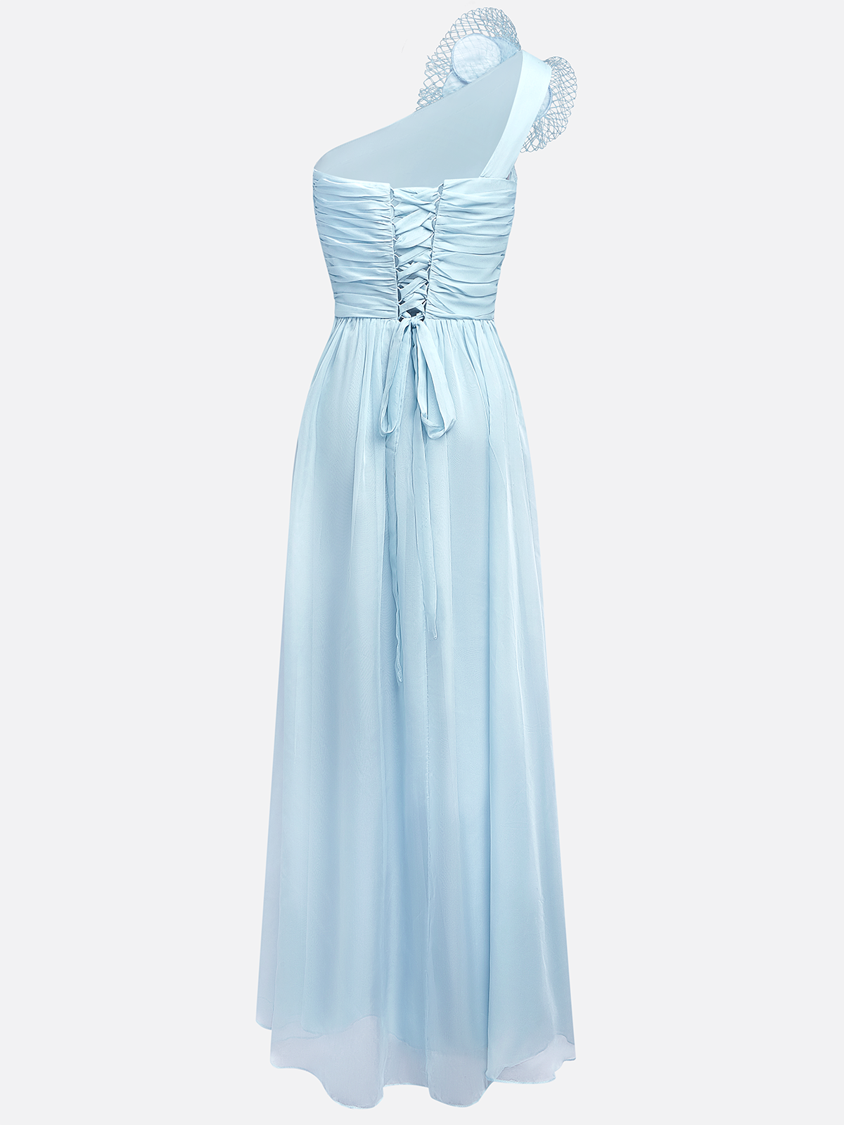 Light Blue 3D Floral Ruched Chiffon One Shoulder Sleeveless Sheath Gown Dress