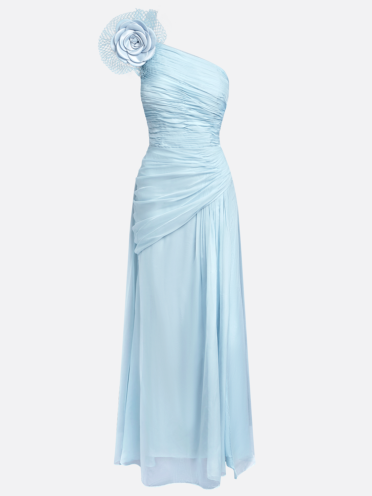 Light Blue 3D Floral Ruched Chiffon One Shoulder Sleeveless Sheath Gown Dress