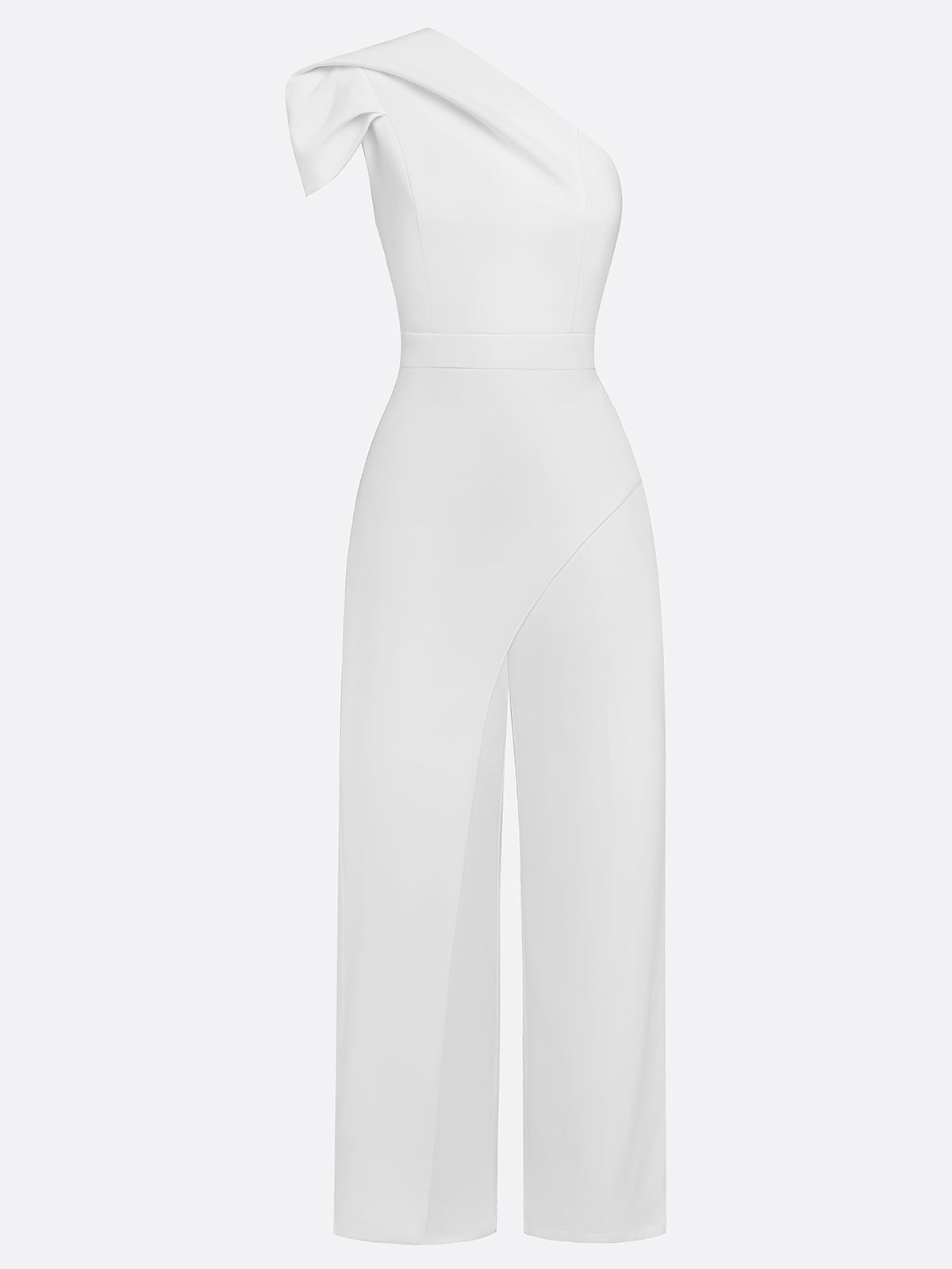 Women White Ruched One Shoulder Short Sleeve Regular Sleeve Dressy Top with Pants Two-Piece Set