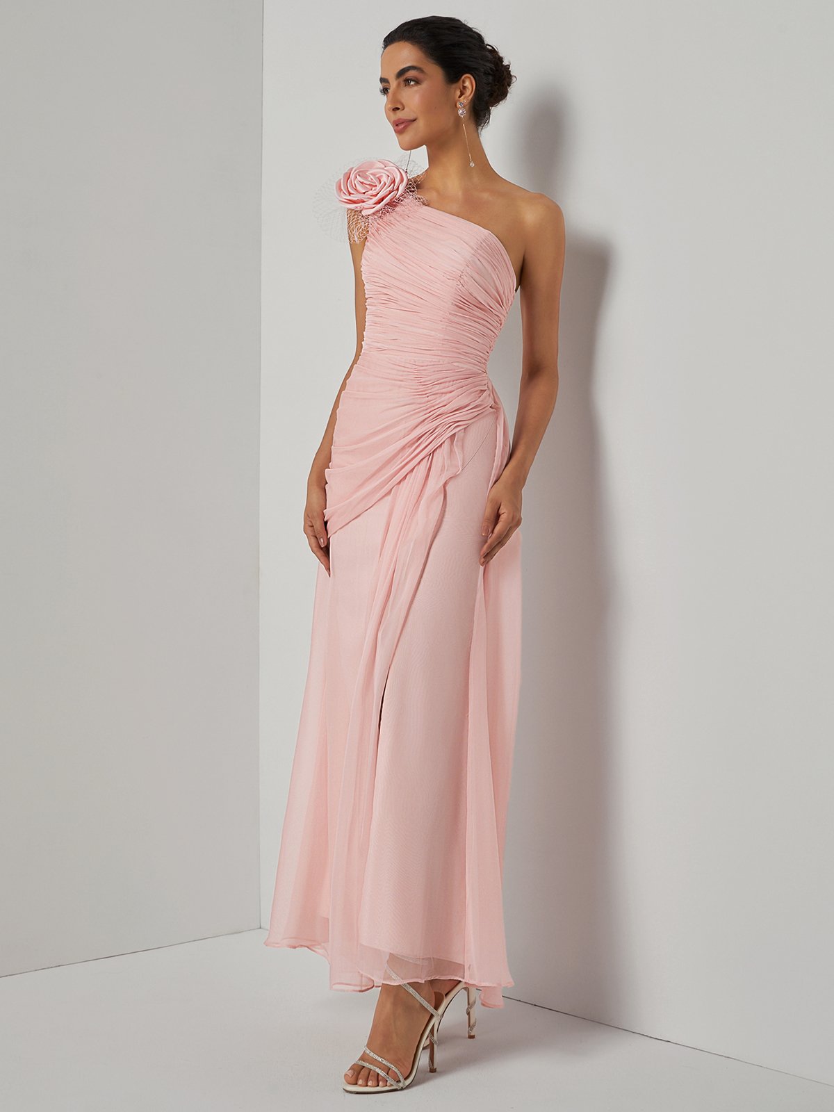 Pink 3D Floral Chiffon One Shoulder Sleeveless Sheath Gown Dress