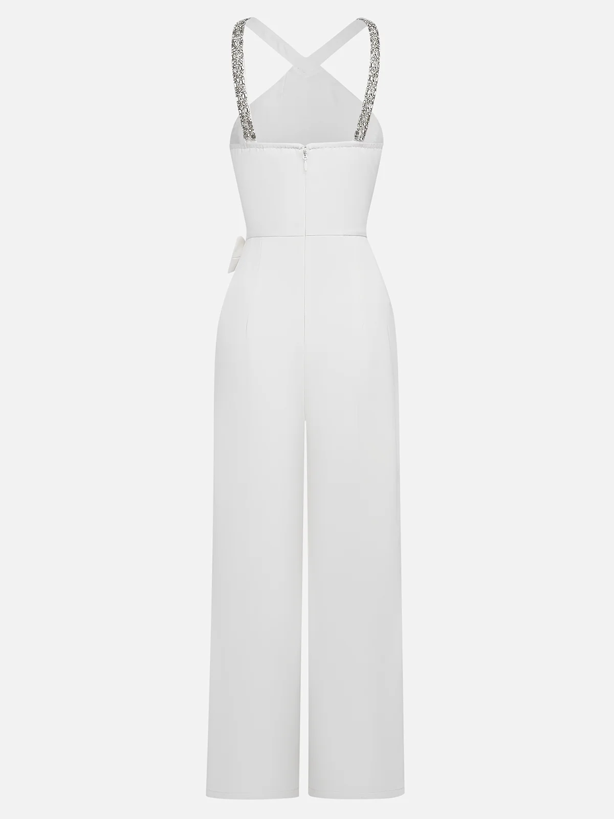 Women White Pleated Rhinestone Halter Sleeveless Dressy Jumpsuit