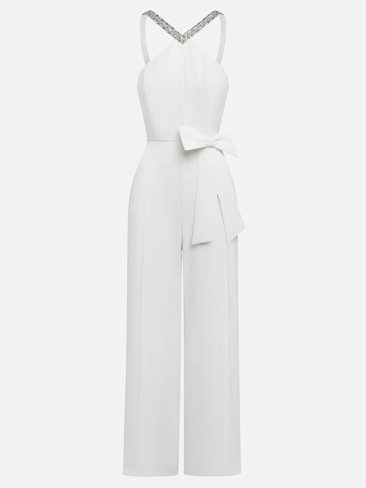 Women White Pleated Rhinestone Halter Sleeveless Dressy Jumpsuit
