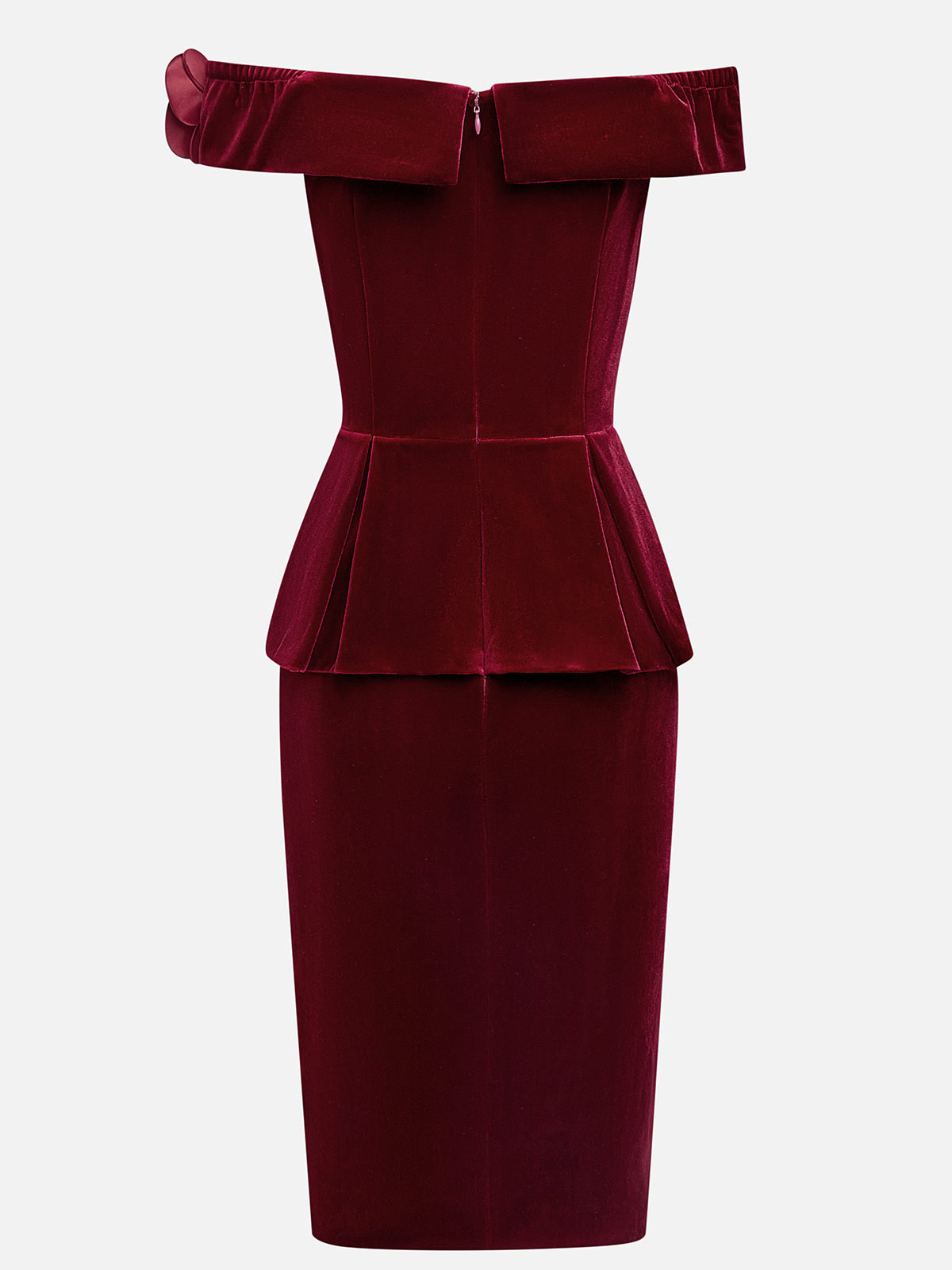 Wine Red 3D Floral Peplum Velvet Off The Shoulder Short Sleeve Sheath Midi Dress