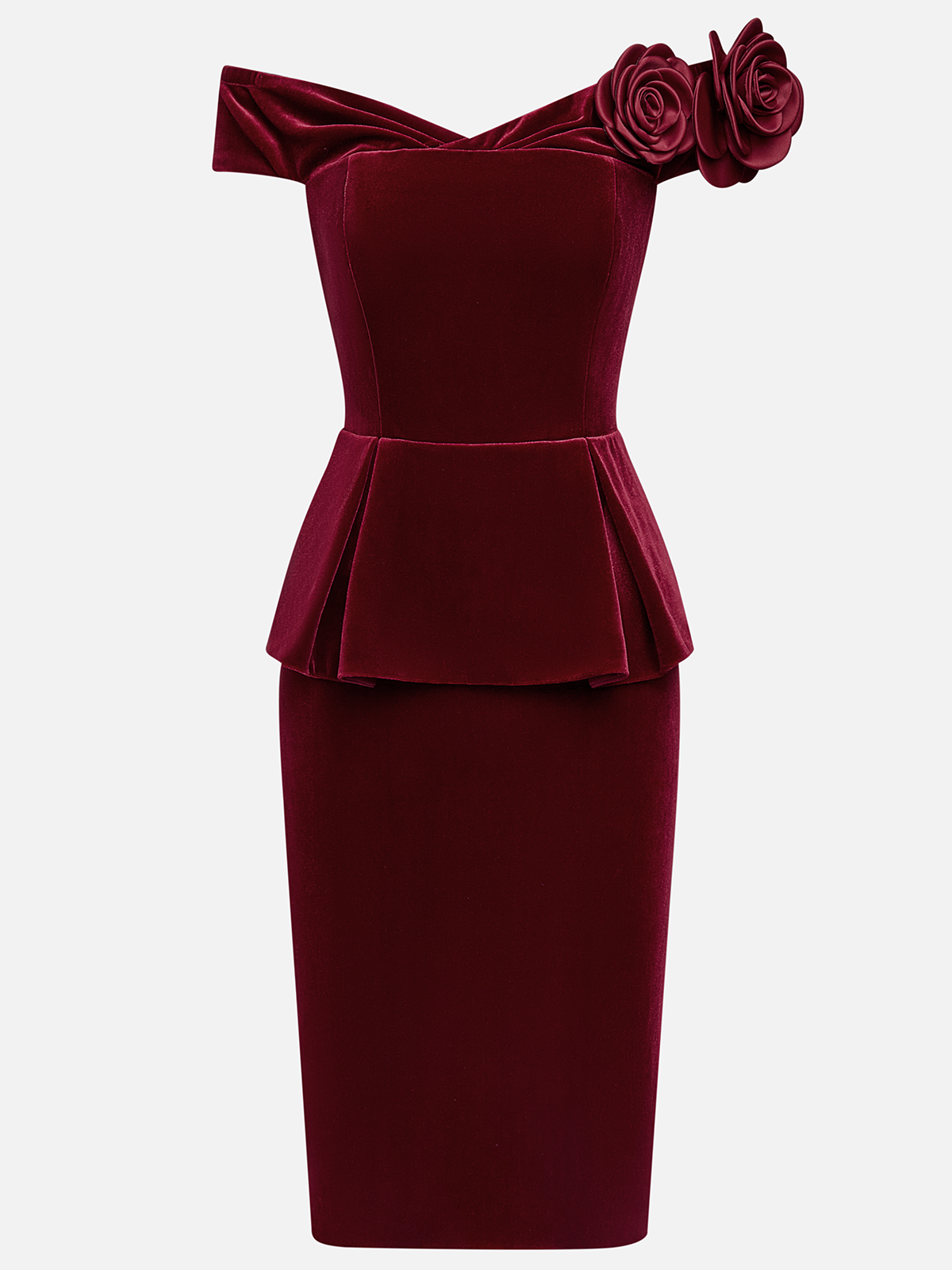 Wine Red 3D Floral Peplum Velvet Off The Shoulder Short Sleeve Sheath Midi Dress