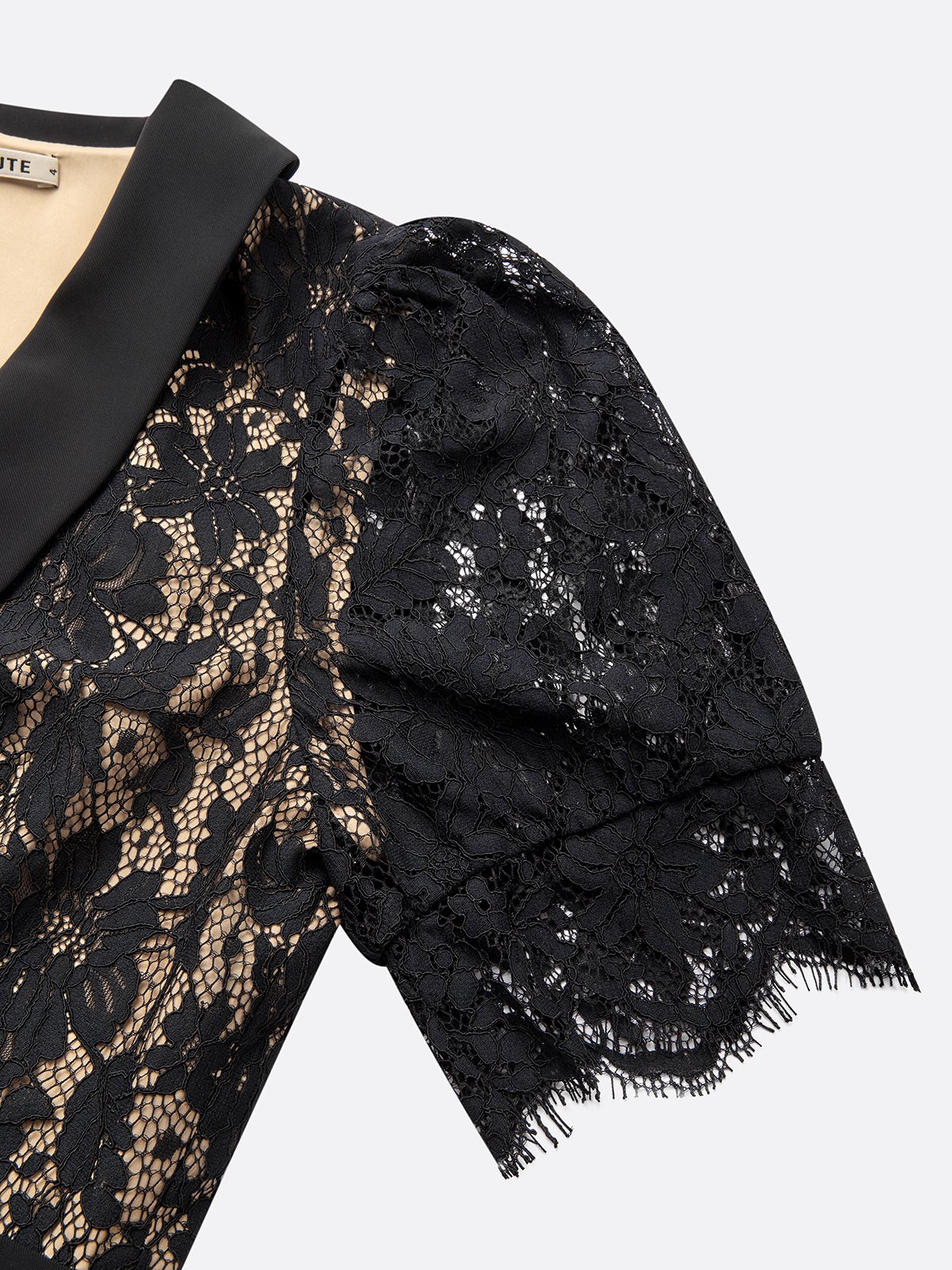 Black Buckle Lace Shawl Collar Short Sleeve Puff Sleeve Sheath Midi Dress