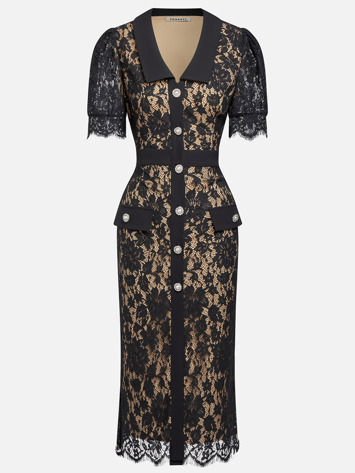 Black Buckle Lace Shawl Collar Short Sleeve Puff Sleeve Sheath Midi Dress