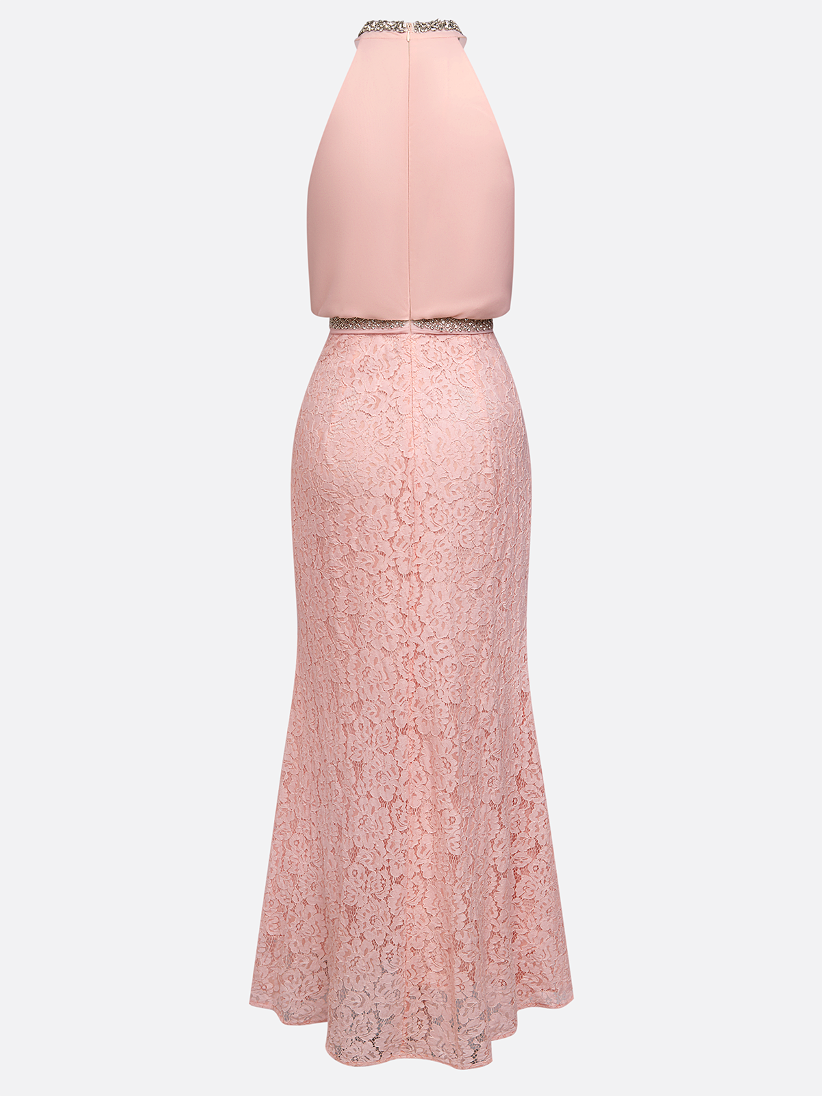 Pink Rhinestone Ruched Lace Crew Neck Sleeveless Mermaid Maxi Dress