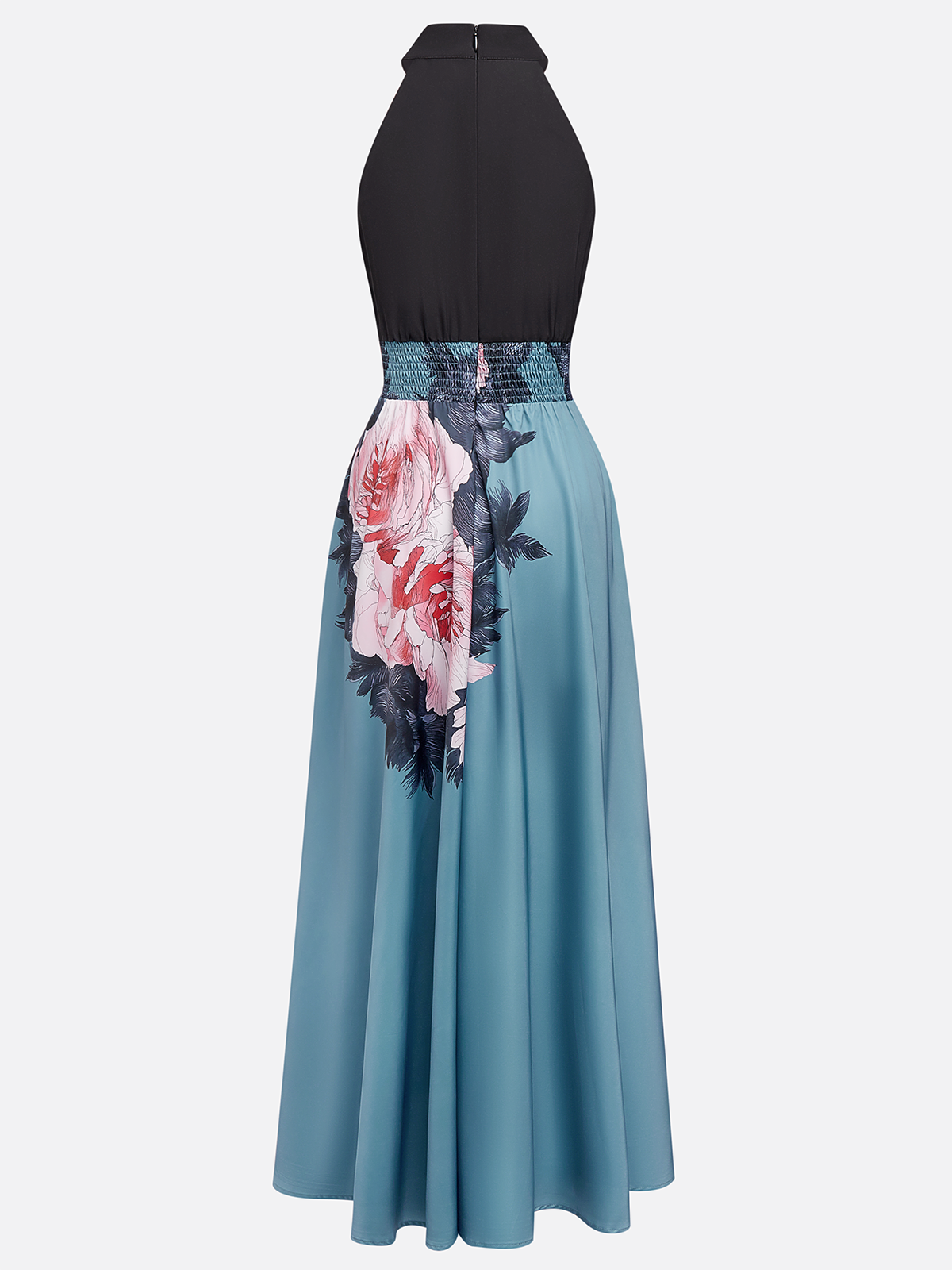 Black Floral Slit Satin Halter Sleeveless A-Line Maxi Dress