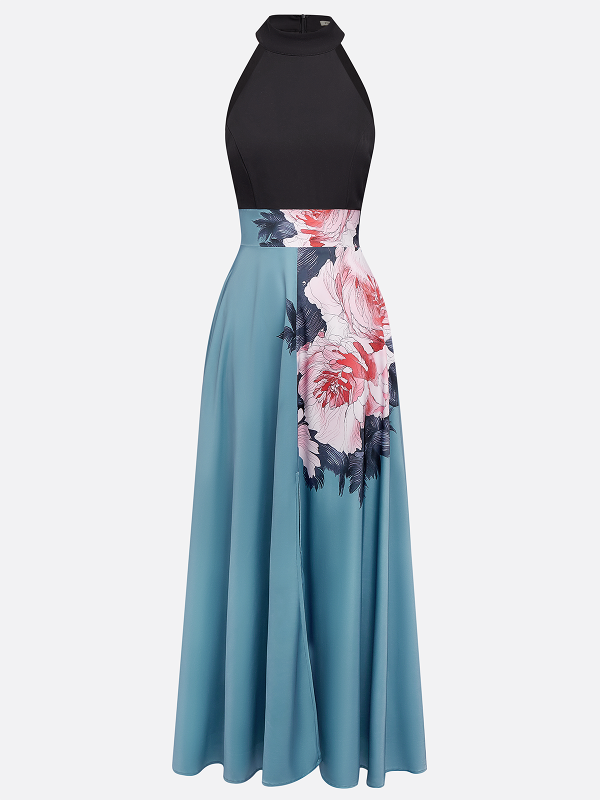 Black Floral Slit Satin Halter Sleeveless A-Line Maxi Dress