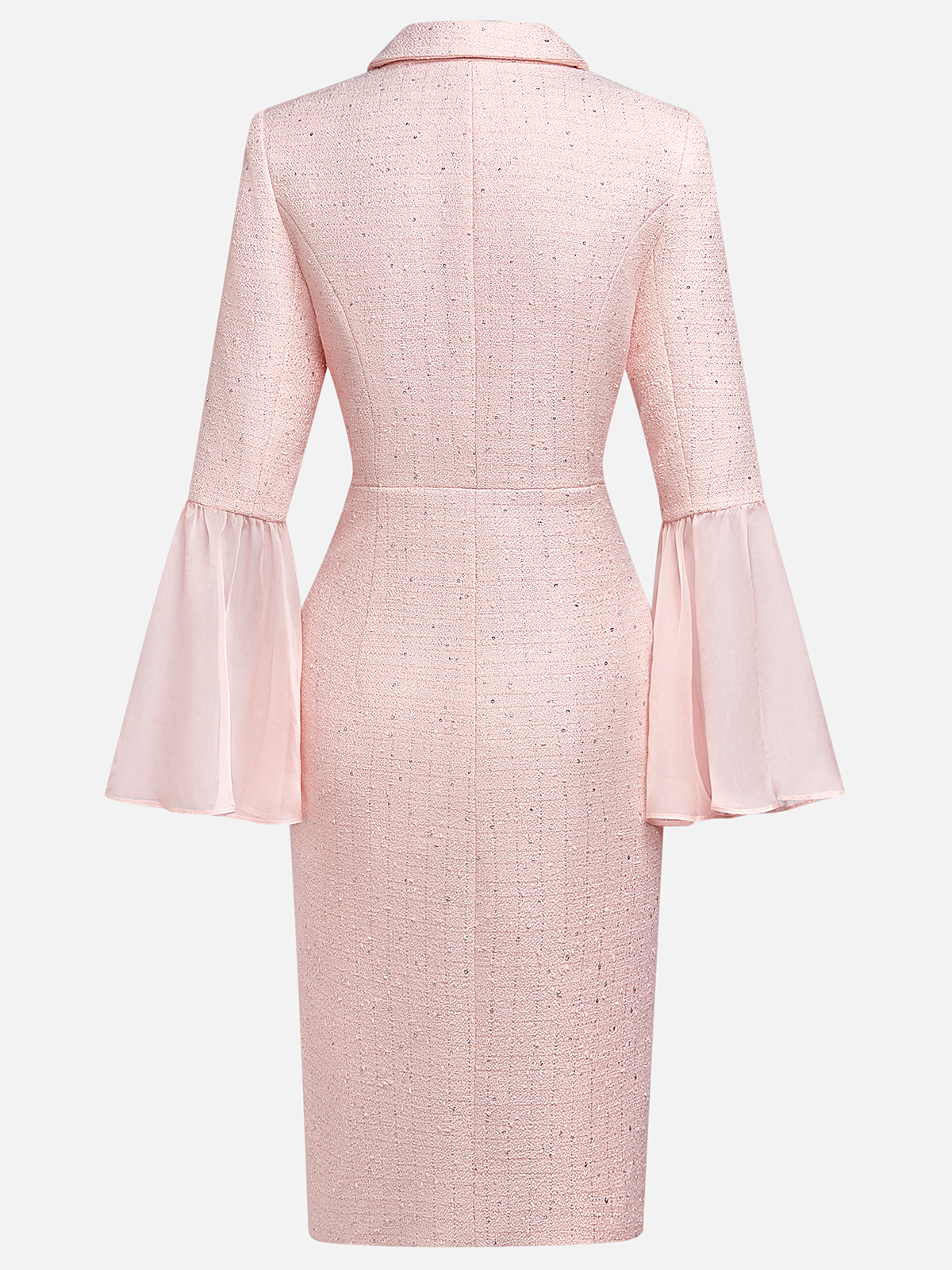 Light Pink Buckle Mesh Tweed Lapel Collar Long Sleeve Bell Sleeve Sheath Midi Dress