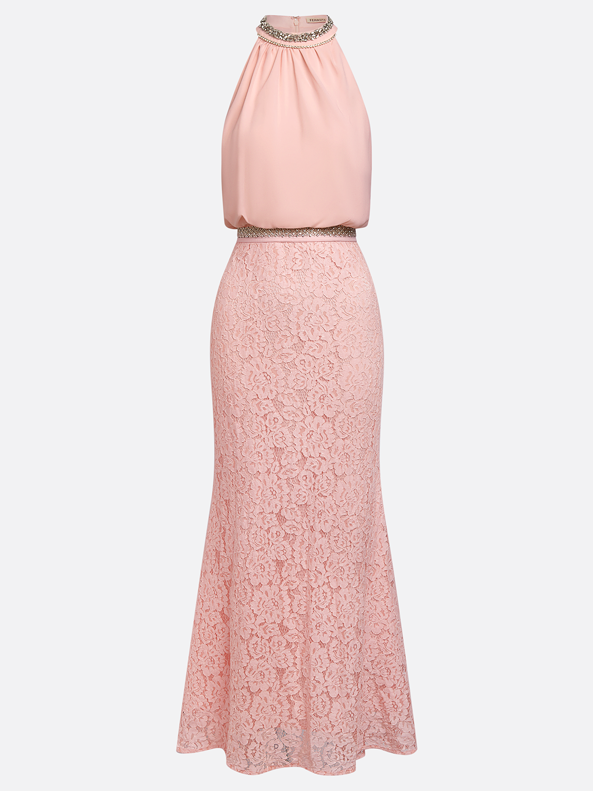 Pink Rhinestone Ruched Lace Crew Neck Sleeveless Mermaid Maxi Dress