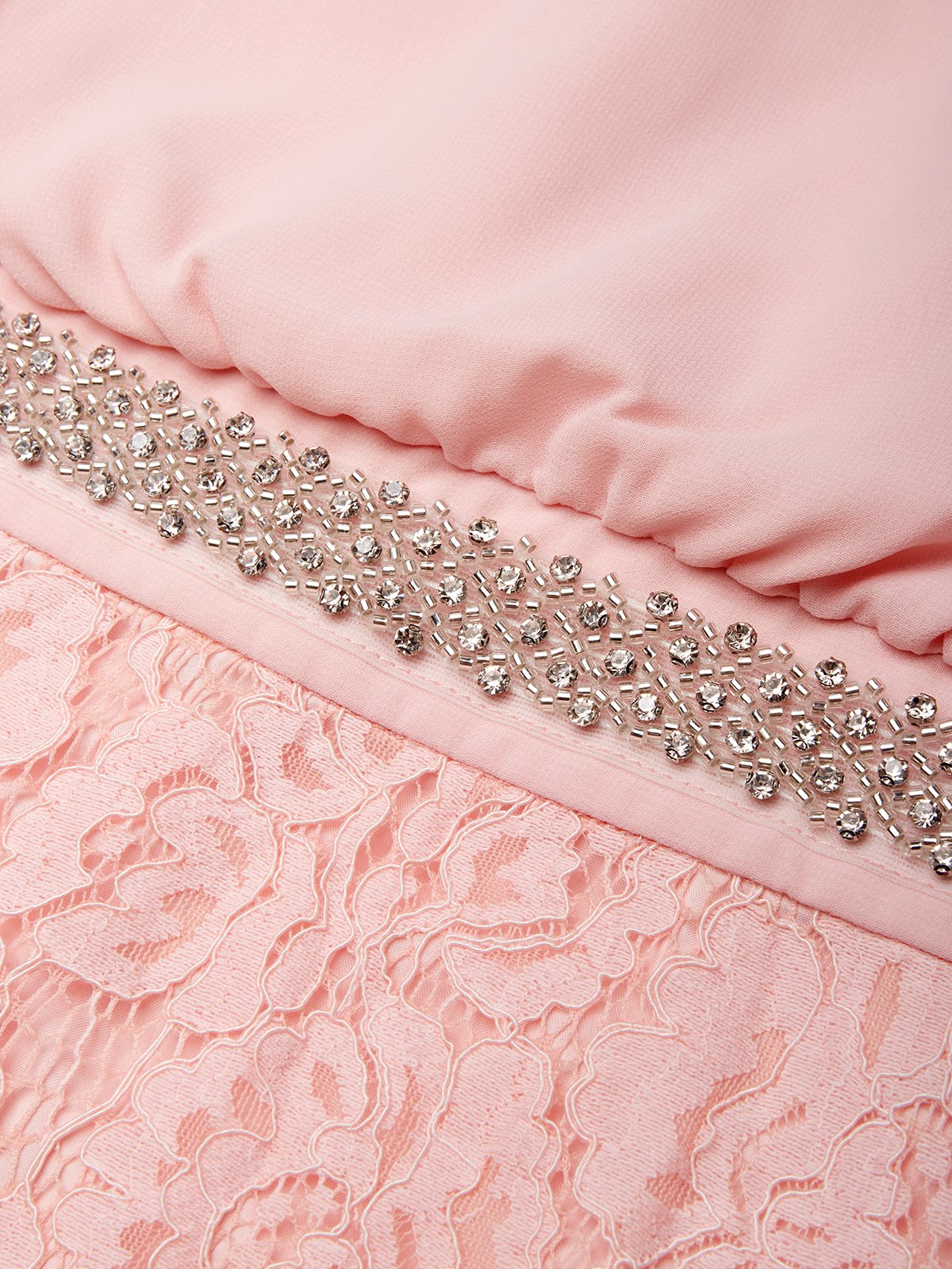 Pink Rhinestone Ruched Lace Crew Neck Sleeveless Mermaid Maxi Dress