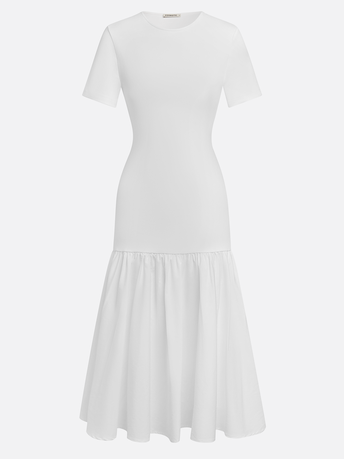 White Knit Cotton Crew Neck Short Sleeve Mermaid Midi Dress