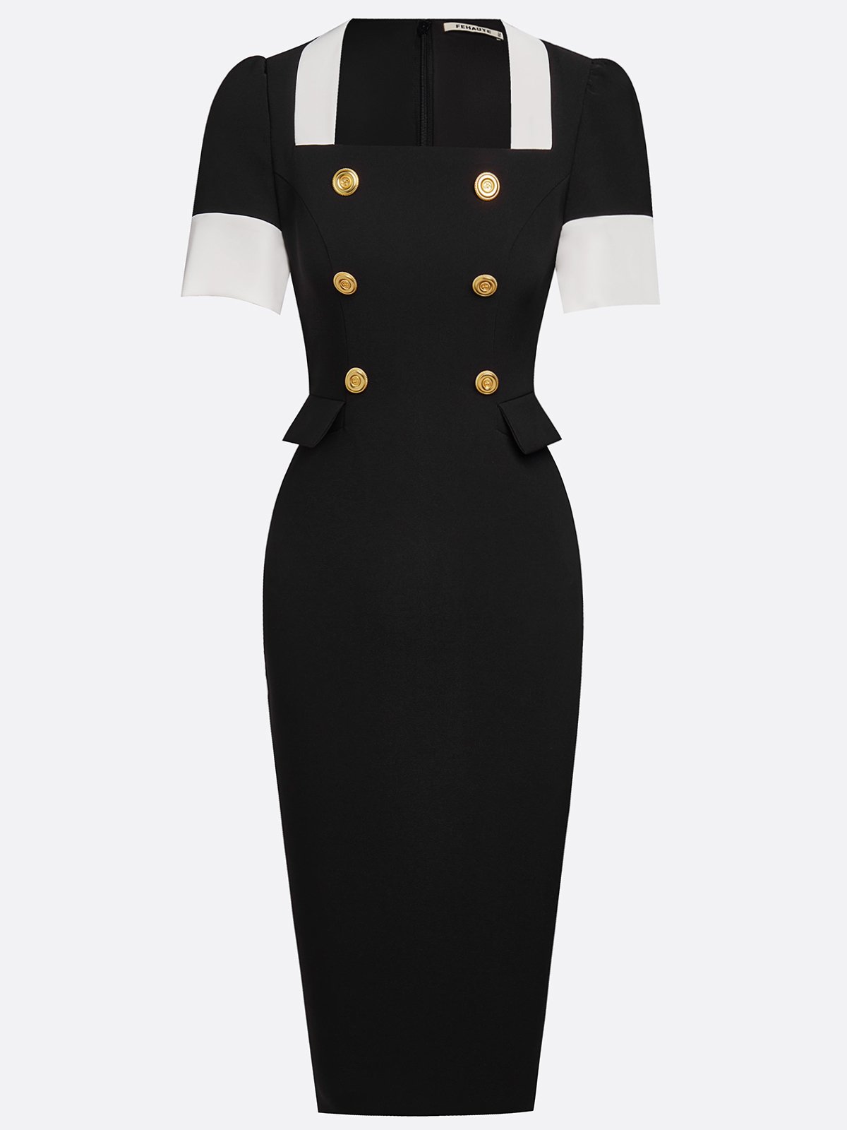 Black Buckle Blazer Square Neck Short Sleeve Sheath Midi Dress