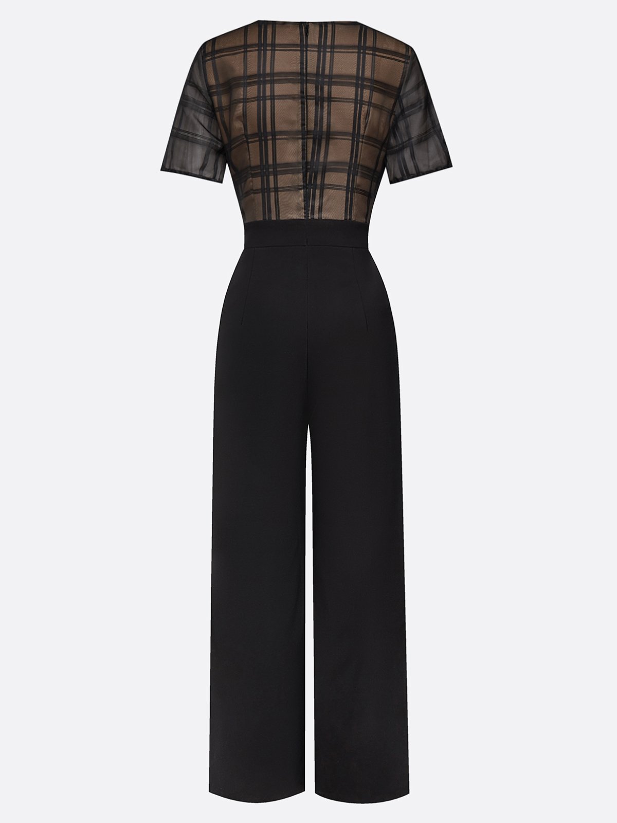 Women Black Organza V Neck Short Sleeve Dressy Jumpsuit