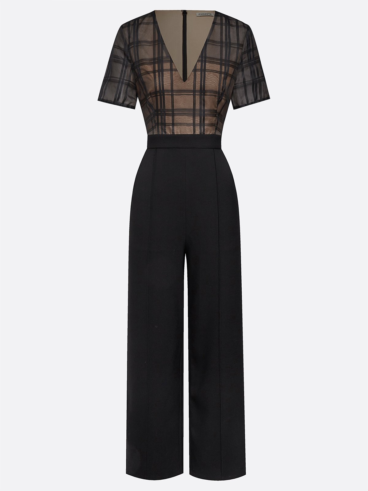 Women Black Organza V Neck Short Sleeve Dressy Jumpsuit