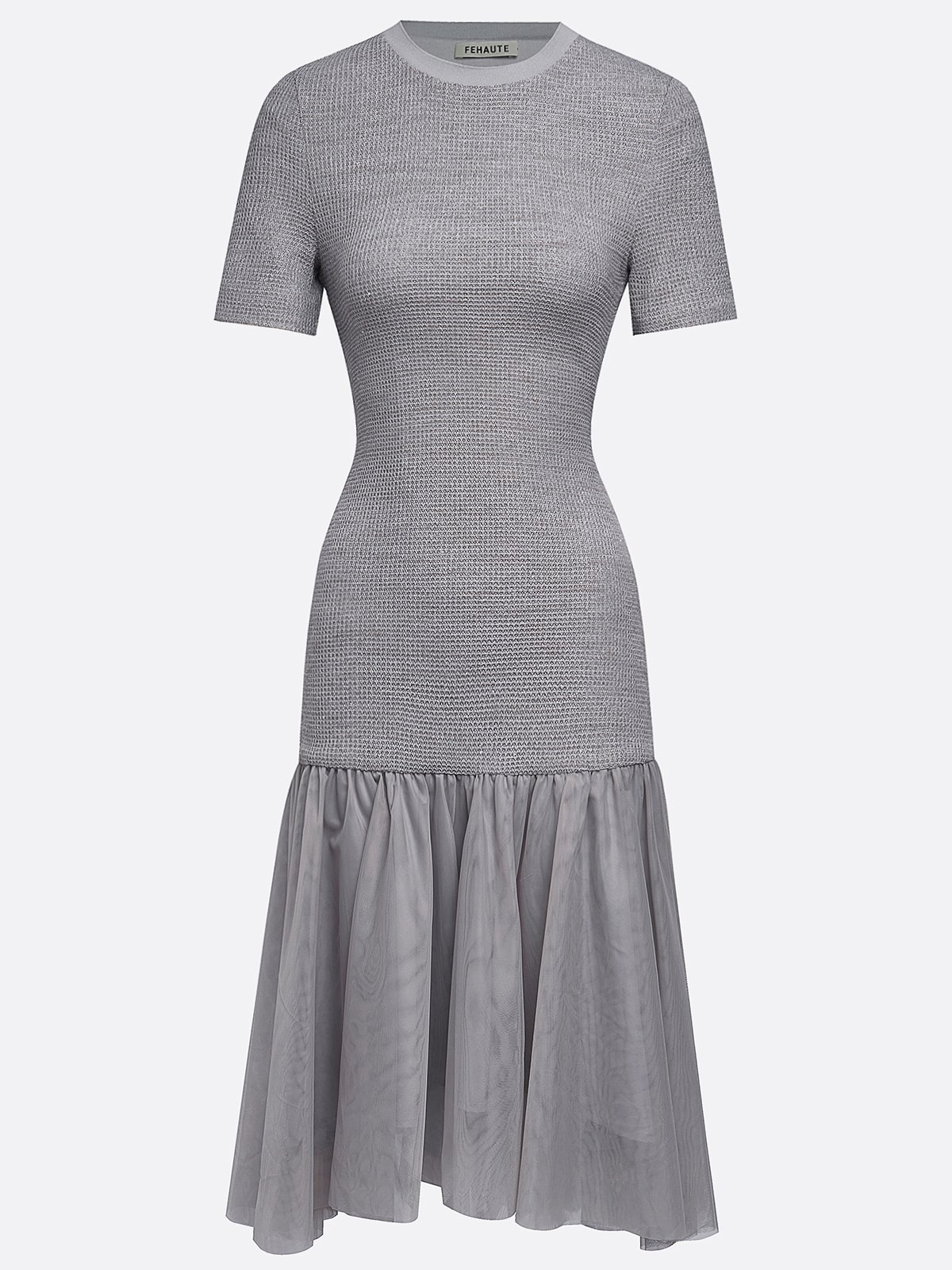 Gray Asymmetric Knit Cotton Crew Neck Half Sleeve Mermaid Midi Dress