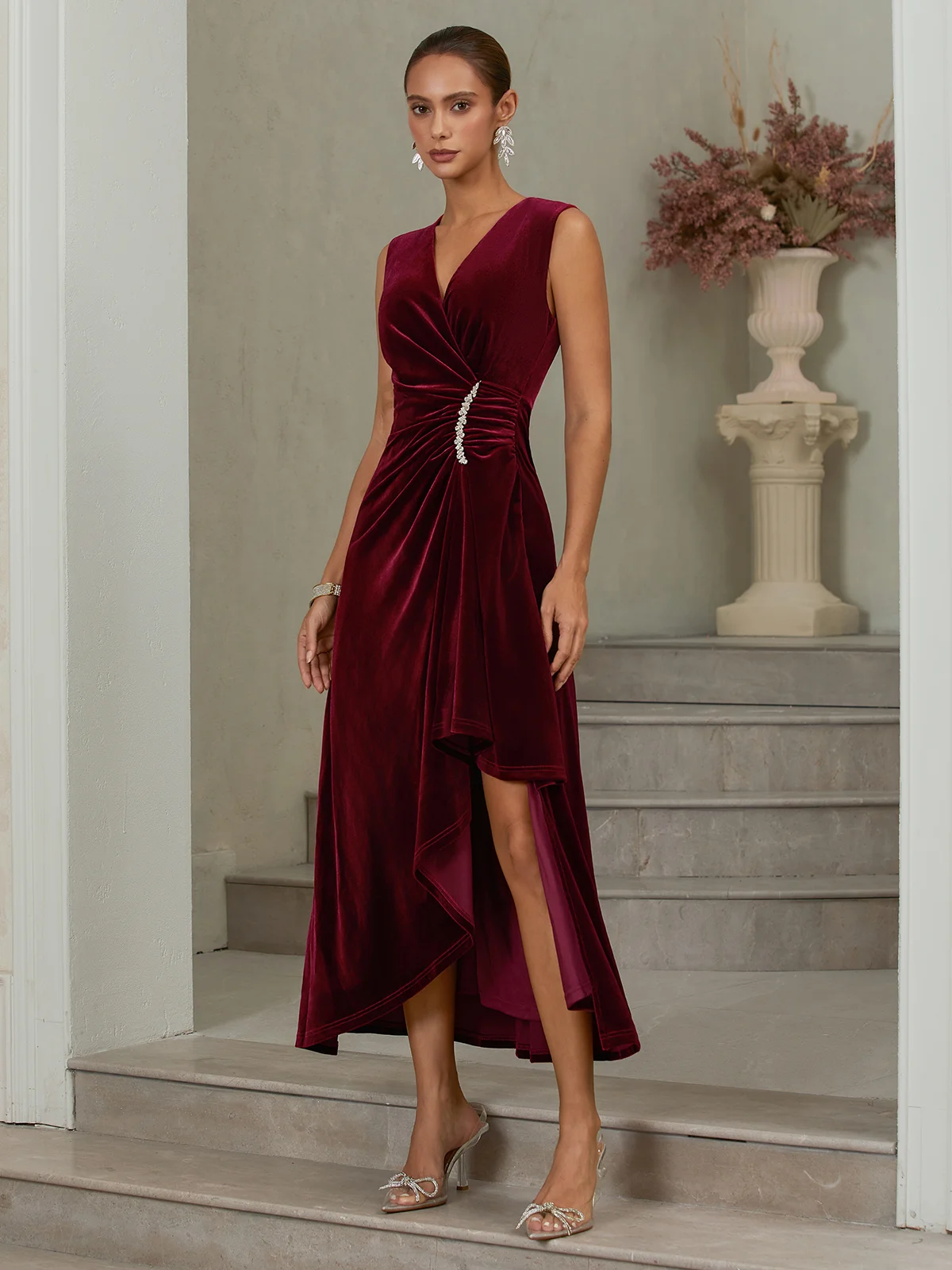 Wine Red Rhinestone Ruched Velvet V Neck Sleeveless A-Line Midi Dress