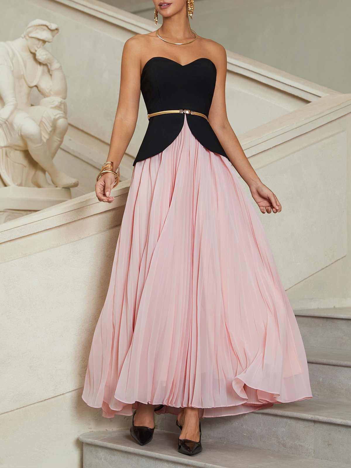 Women Black Pink Pleated Strapless Sleeveless Dressy Top With Skirt Two-Piece Set