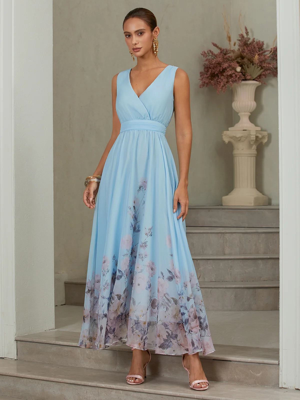 Light Blue Floral Chiffon V Neck Sleeveless A-Line Maxi Dress
