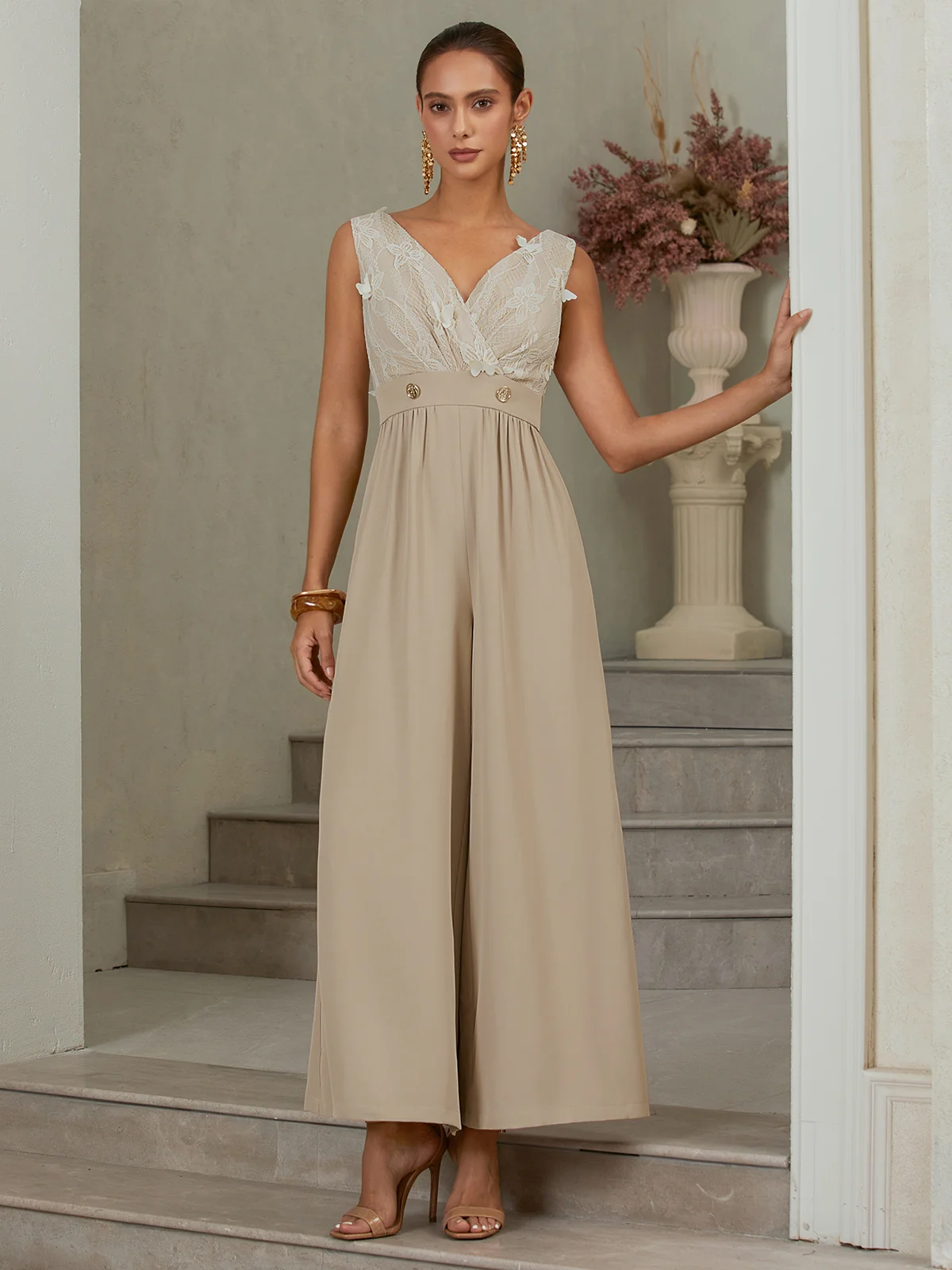 Women Apricot V Neck Sleeveless Morden Jumpsuit