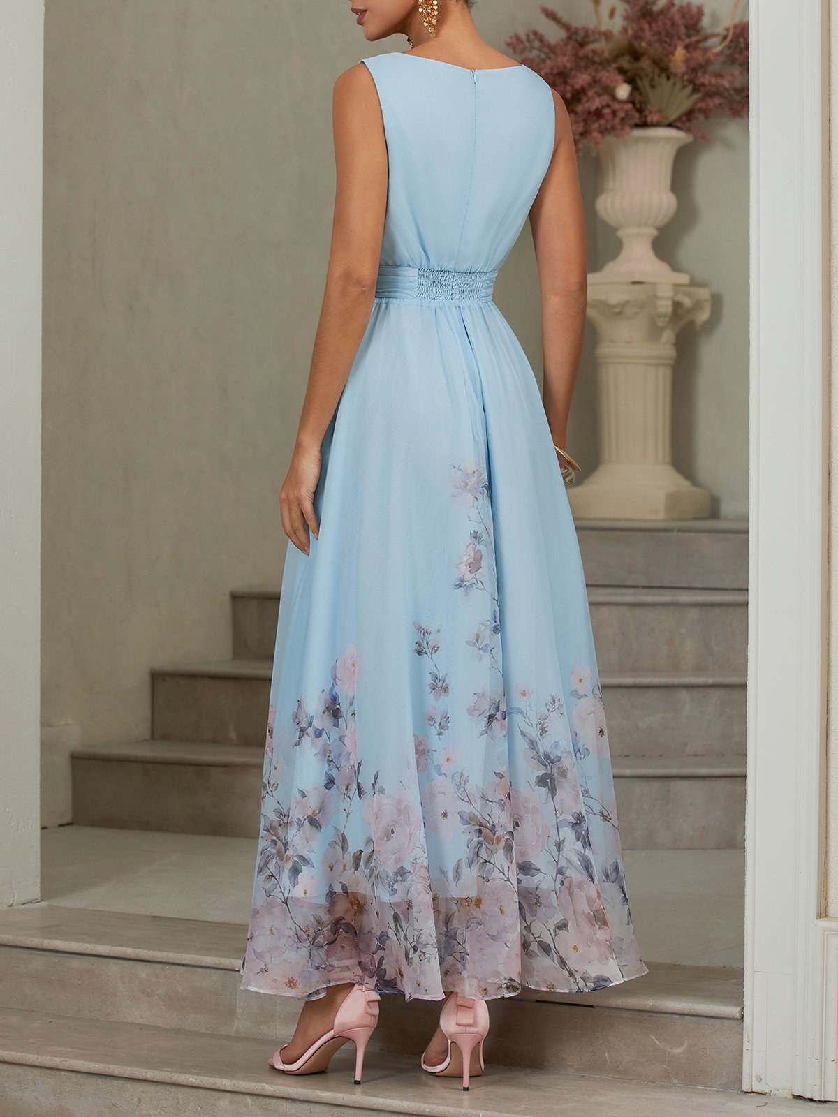 Light Blue Floral Chiffon V Neck Sleeveless A-Line Maxi Dress