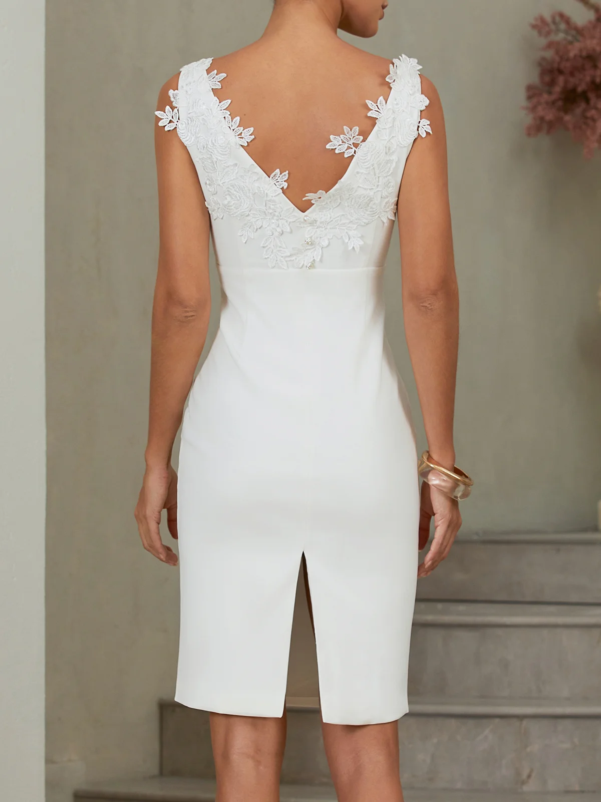 White Lace 3D Floral Classic Boat Neck Sleeveless Sheath Midi Dress
