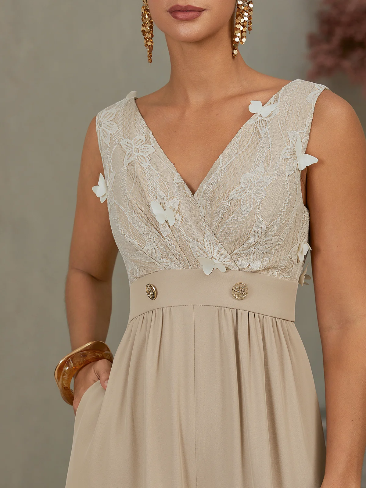 Women Apricot V Neck Sleeveless Morden Jumpsuit