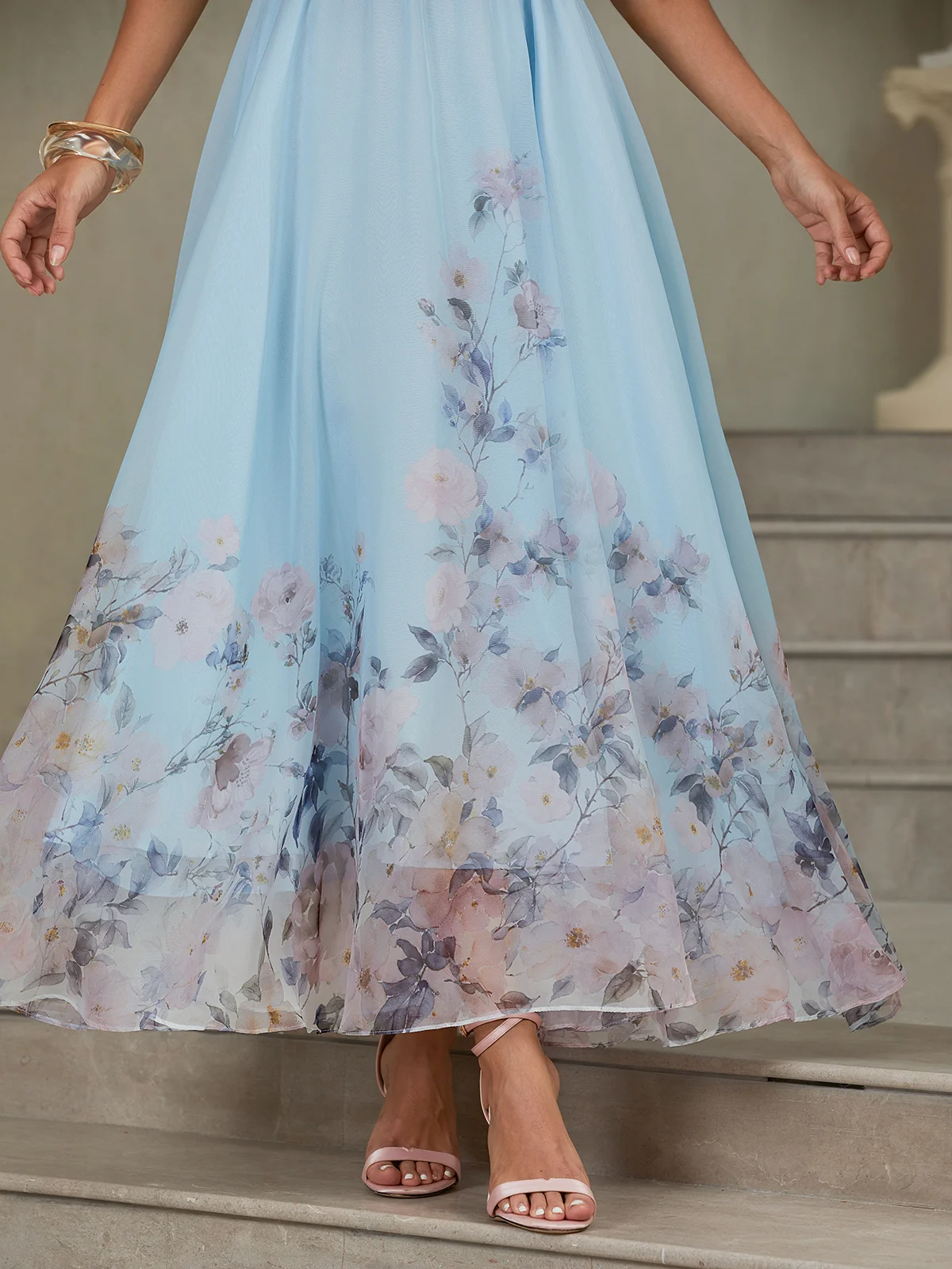 Light Blue Floral Chiffon V Neck Sleeveless A-Line Maxi Dress