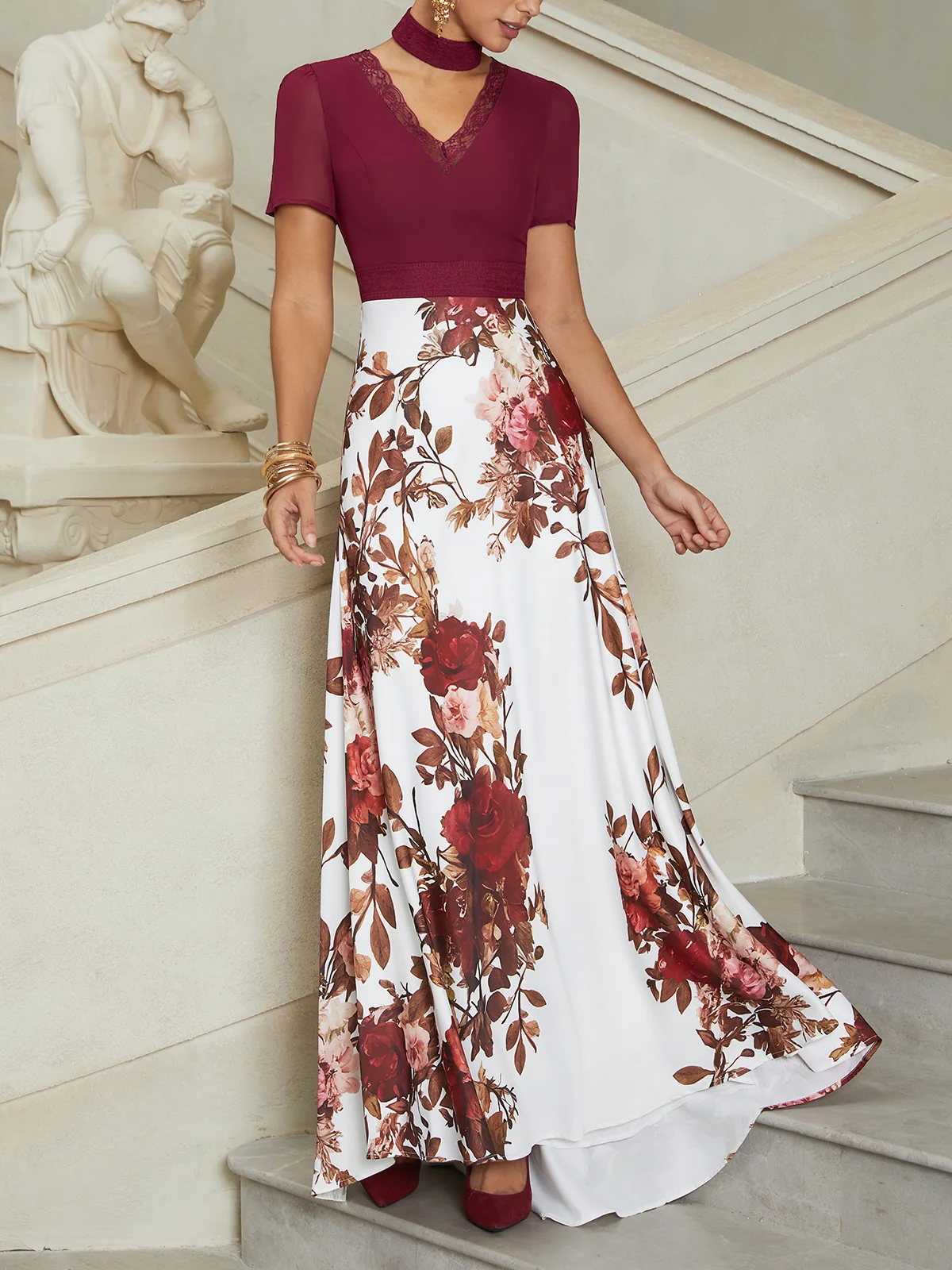 Wine Red Lace Floral Satin V Neck Short Sleeve A-Line Gown Dress