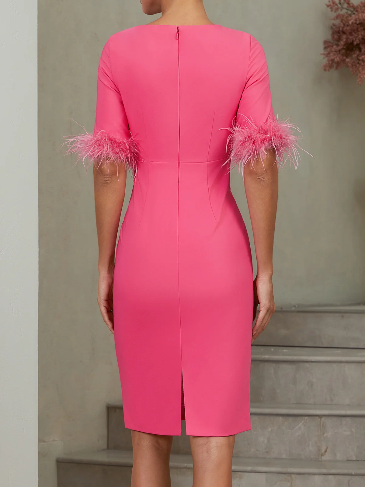 Rose Red Feather Classic Crew Neck Half Sleeve Sheath Midi Dress