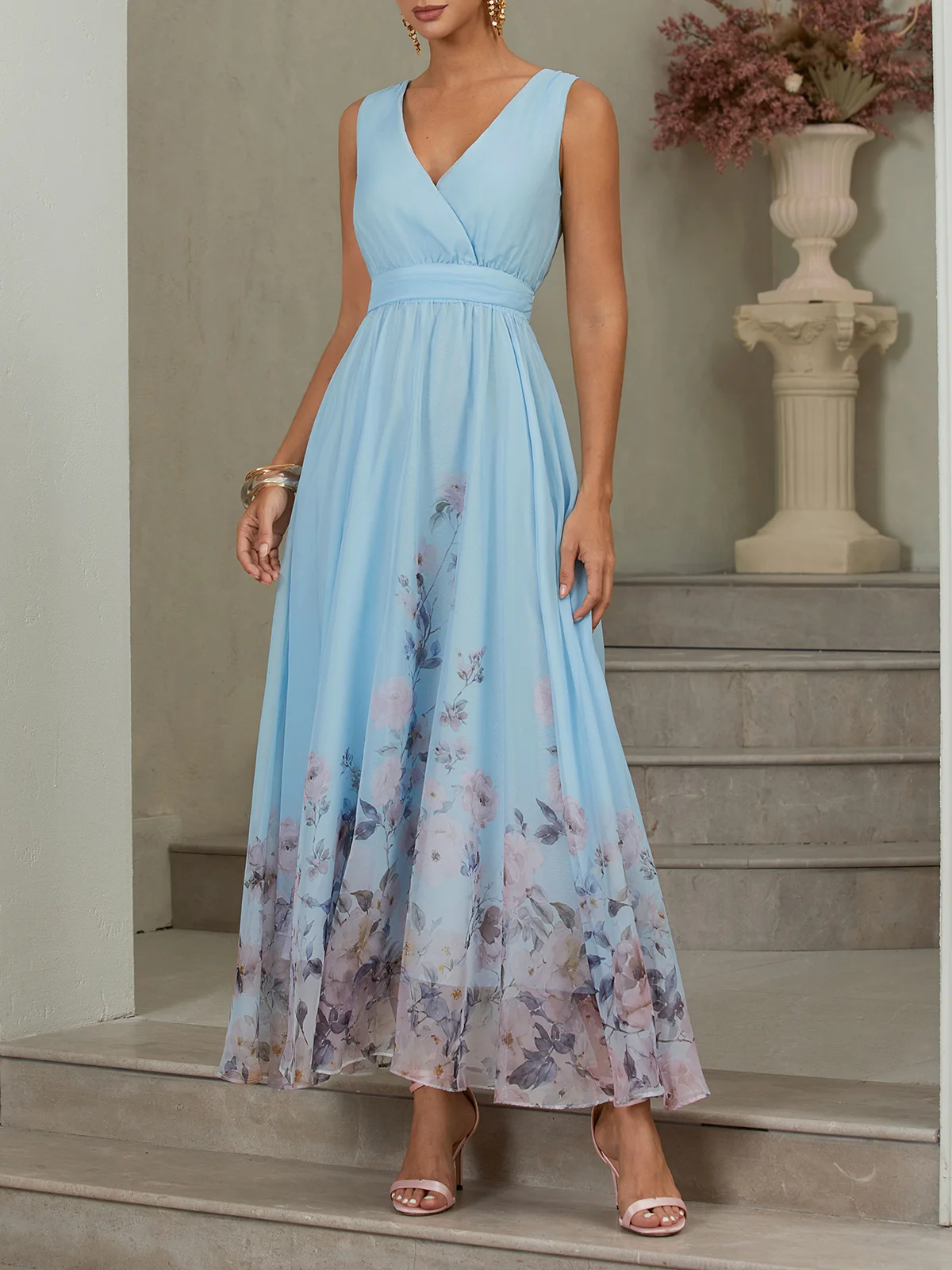 Light Blue Floral Chiffon V Neck Sleeveless A-Line Maxi Dress