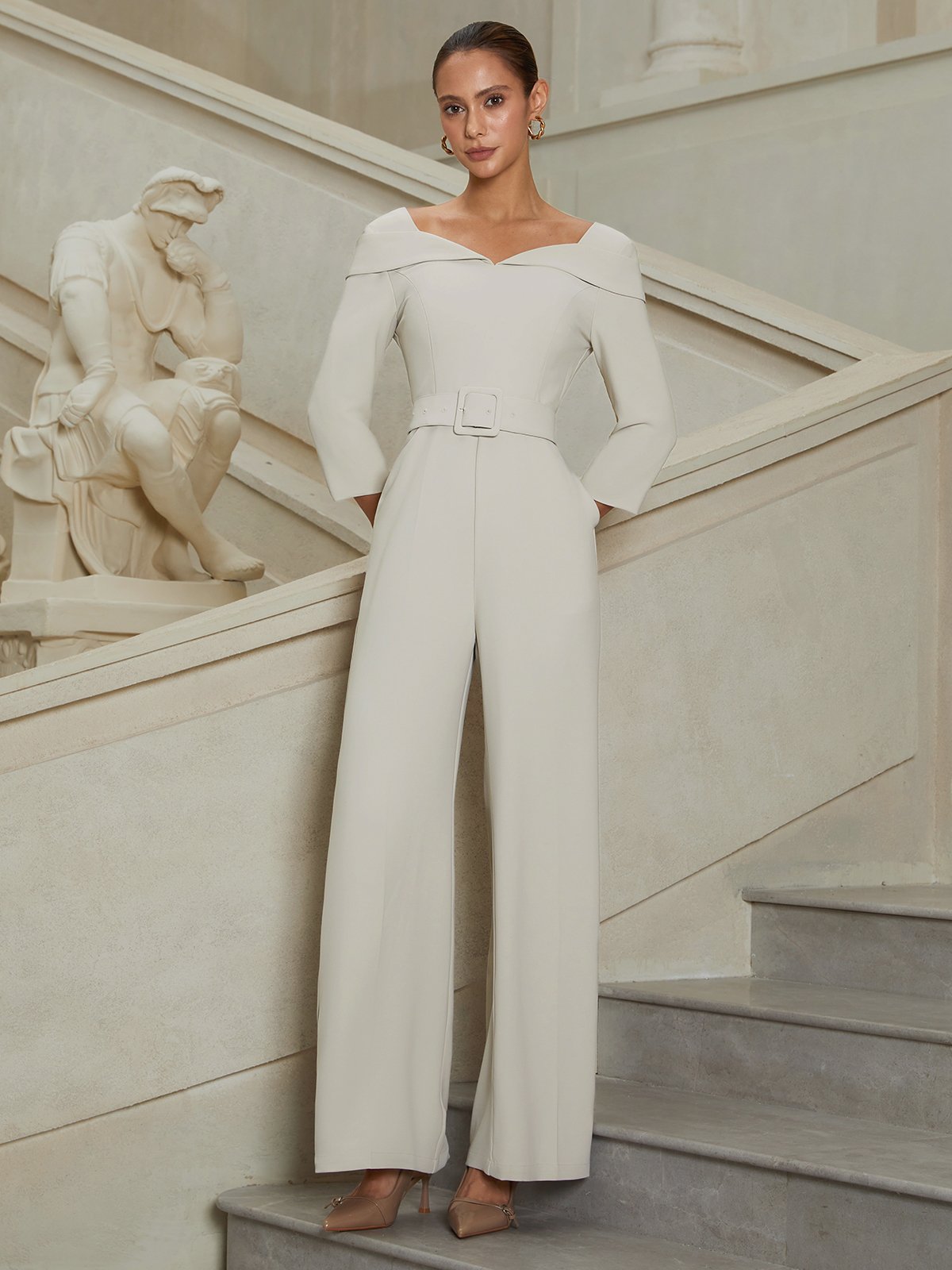 Women Beige Sweetheart Neckline Three Quarter Sleeve Dressy Jumpsuit