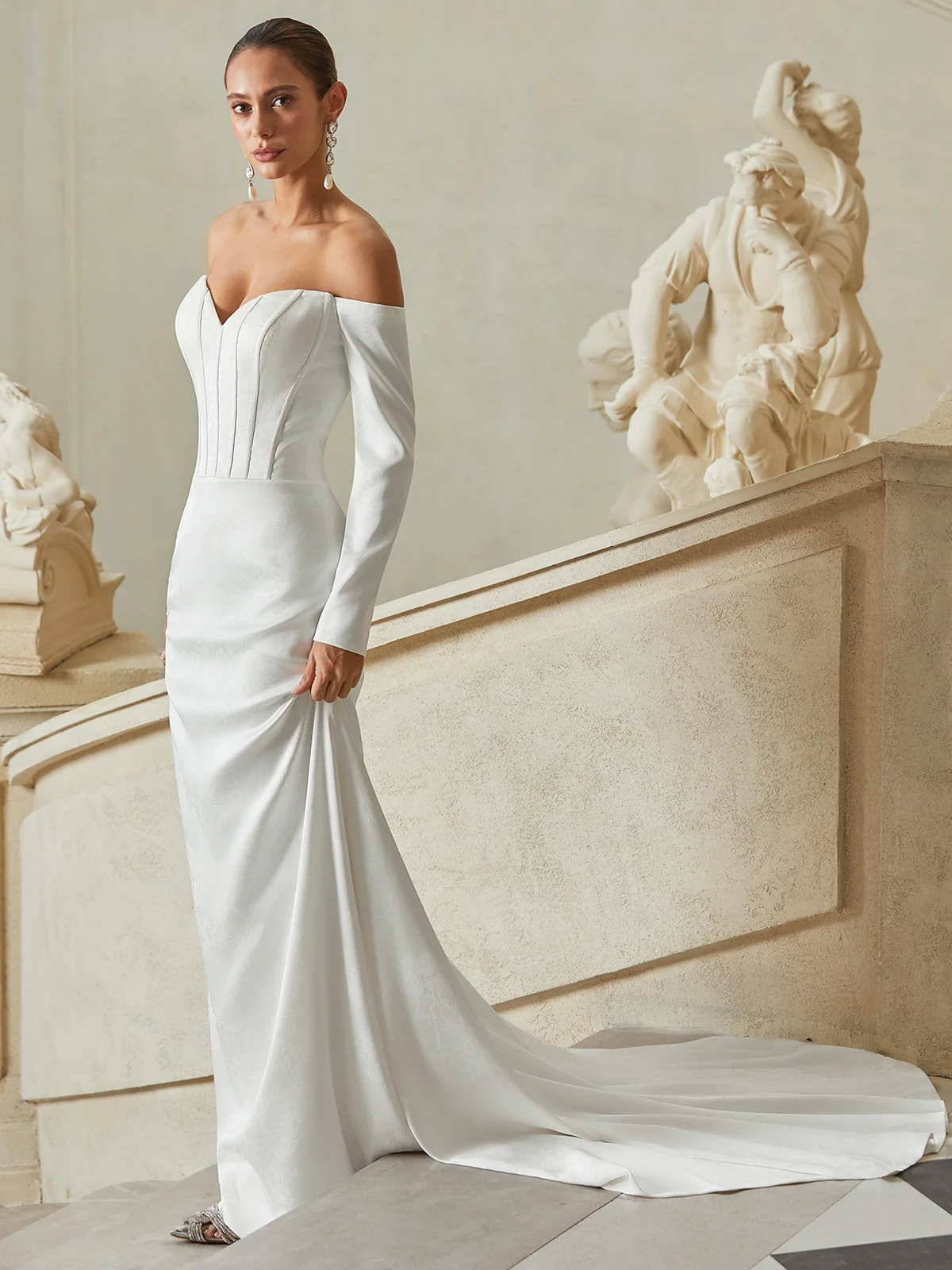 White Bridal/Wedding Dress Off The Shoulder Long Sleeve A-Line Gown Dress