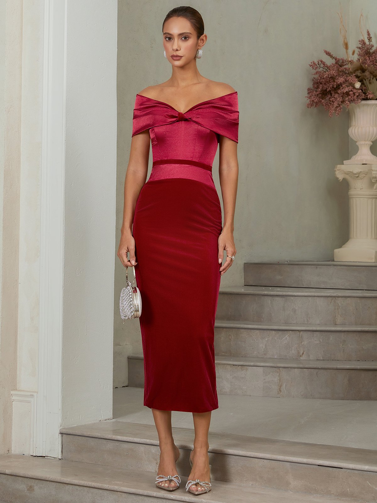 Wine Red Velvet Off The Shoulder Short Sleeve Sheath Maxi Dress