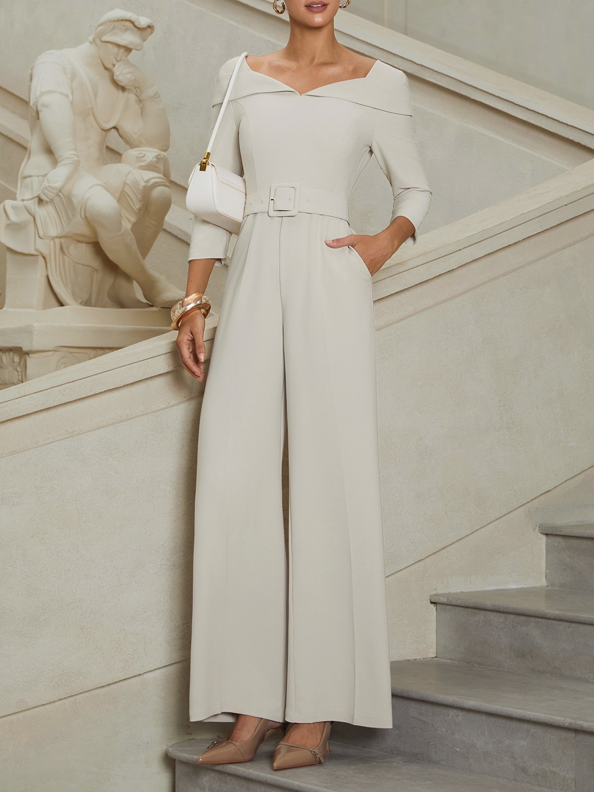 Women Beige Sweetheart Neckline Three Quarter Sleeve Dressy Jumpsuit