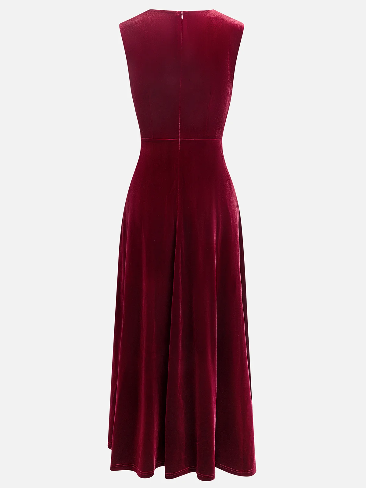 Wine Red Rhinestone Ruched Velvet V Neck Sleeveless A-Line Midi Dress