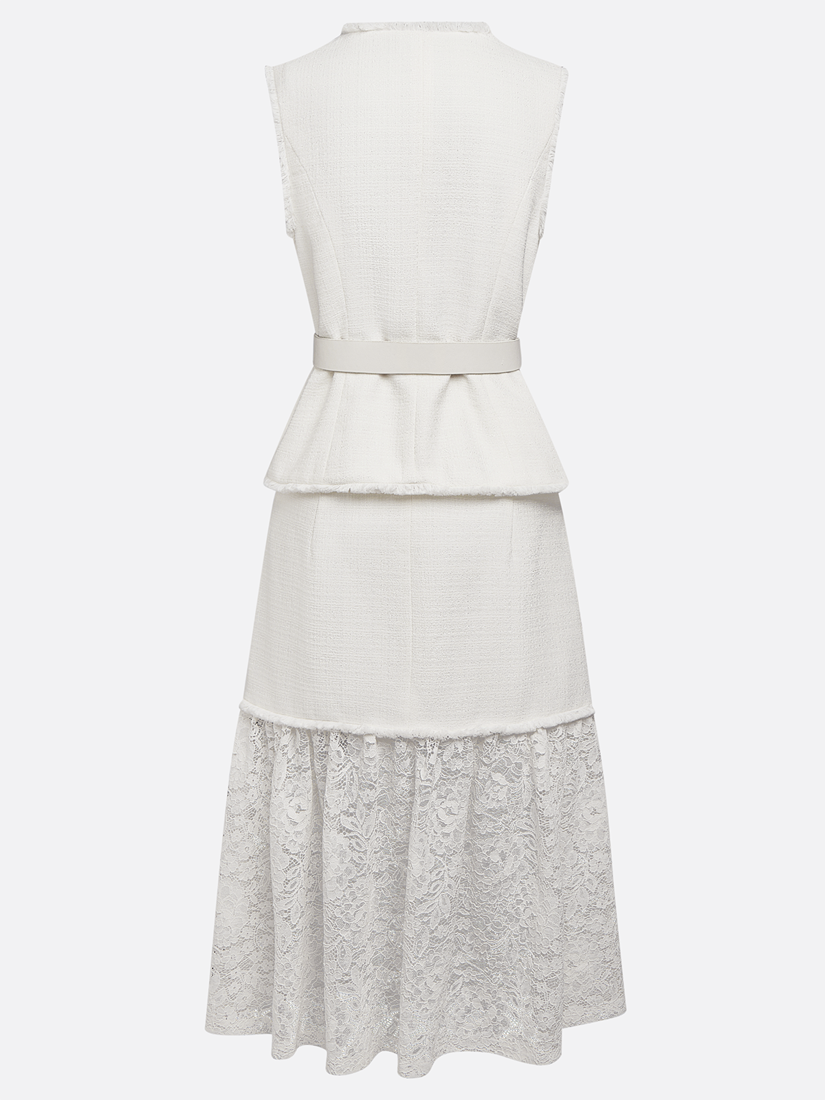 Women White Buckle Lace Crew Neck Tweed Sleeveless Dressy Top With Skirt Two-Piece Set