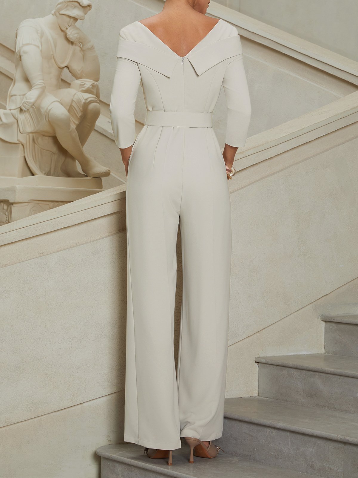 Women Beige Sweetheart Neckline Three Quarter Sleeve Dressy Jumpsuit