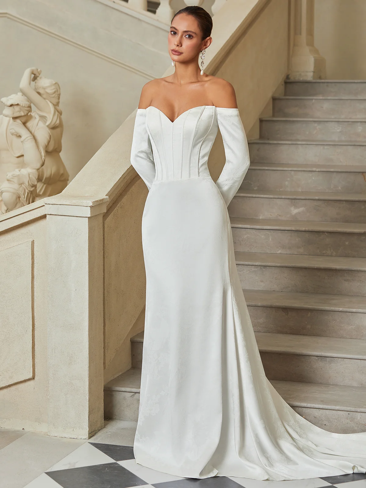 White Bridal/Wedding Dress Off The Shoulder Long Sleeve A-Line Gown Dress