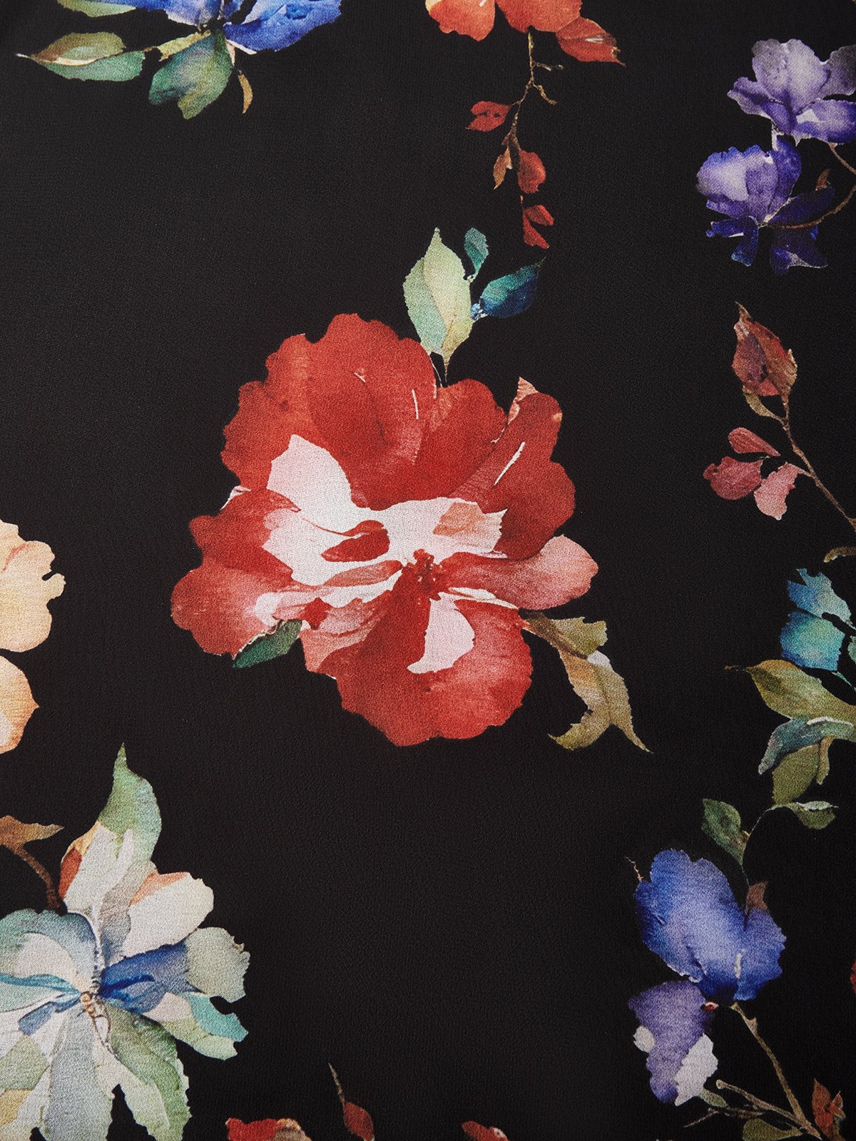 Black Floral Chiffon V Neck Short Sleeve Bell Sleeve A-Line Midi Dress