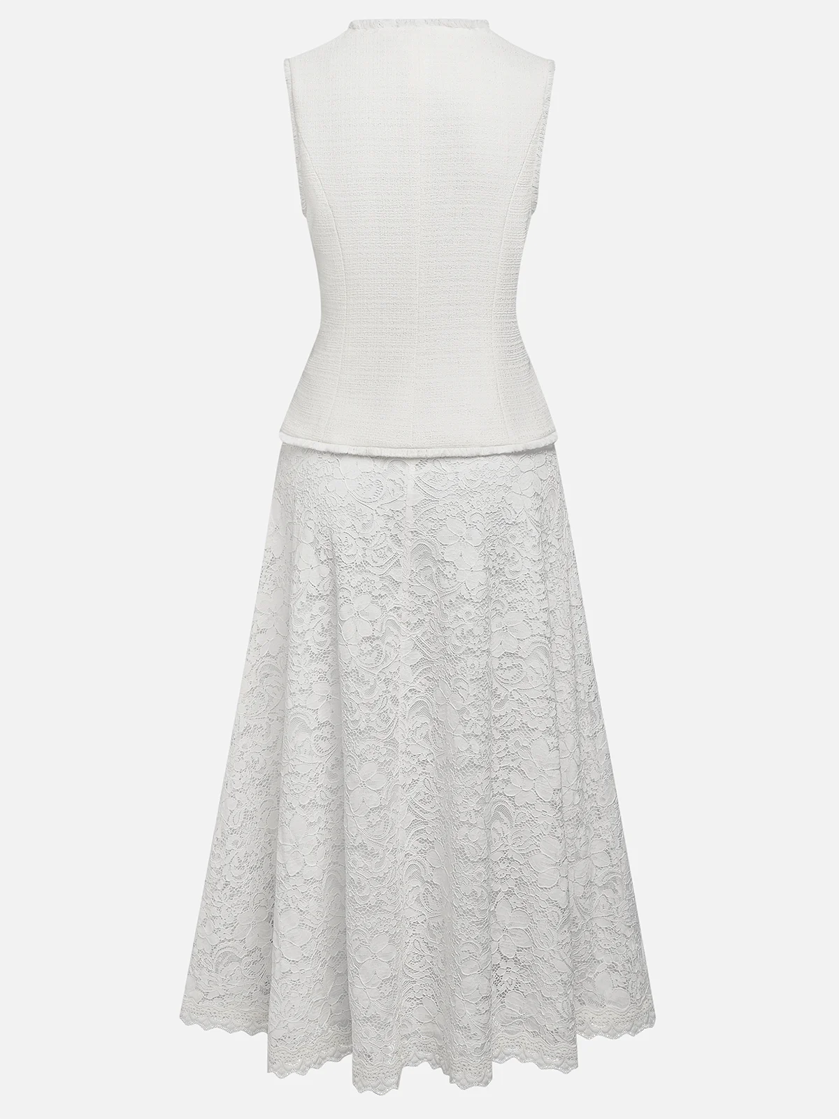 Women Tweed White Buckle Pocket Stitching Crew Neck Sleeveless Dressy Coat With Skirt Two-Piece Set