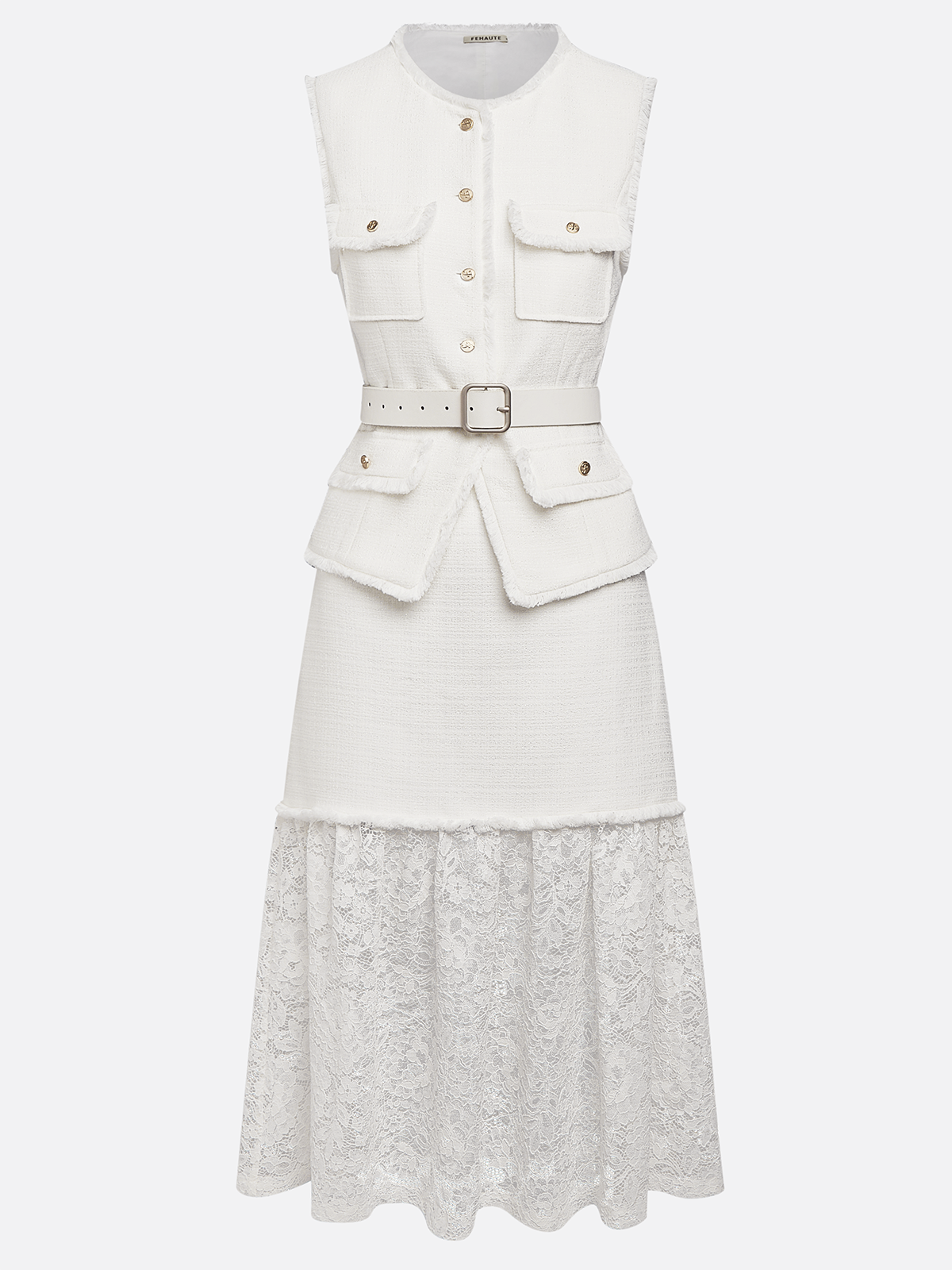 Women White Buckle Lace Crew Neck Tweed Sleeveless Dressy Top With Skirt Two-Piece Set