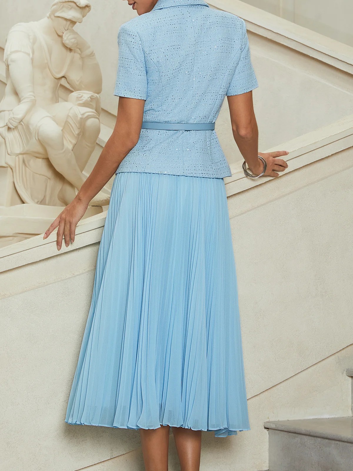 Women Light Blue Tweed Pleated Buckle Lapel Collar Short Sleeve Dressy Top With Skirt Two-Piece Set