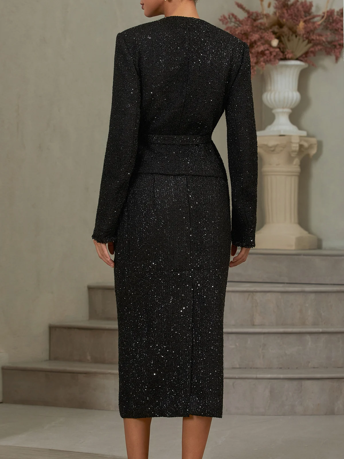 Women Black Tweed Beaded Crew Neck Long Sleeve Dressy Coat With Skirt Two-Piece Set