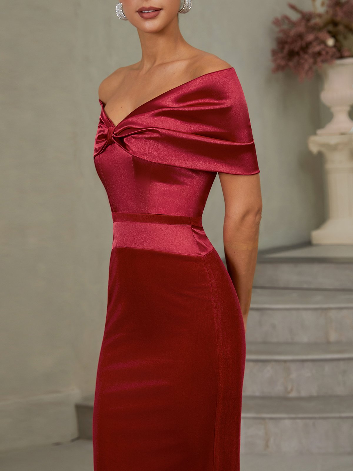 Wine Red Velvet Off The Shoulder Short Sleeve Sheath Maxi Dress