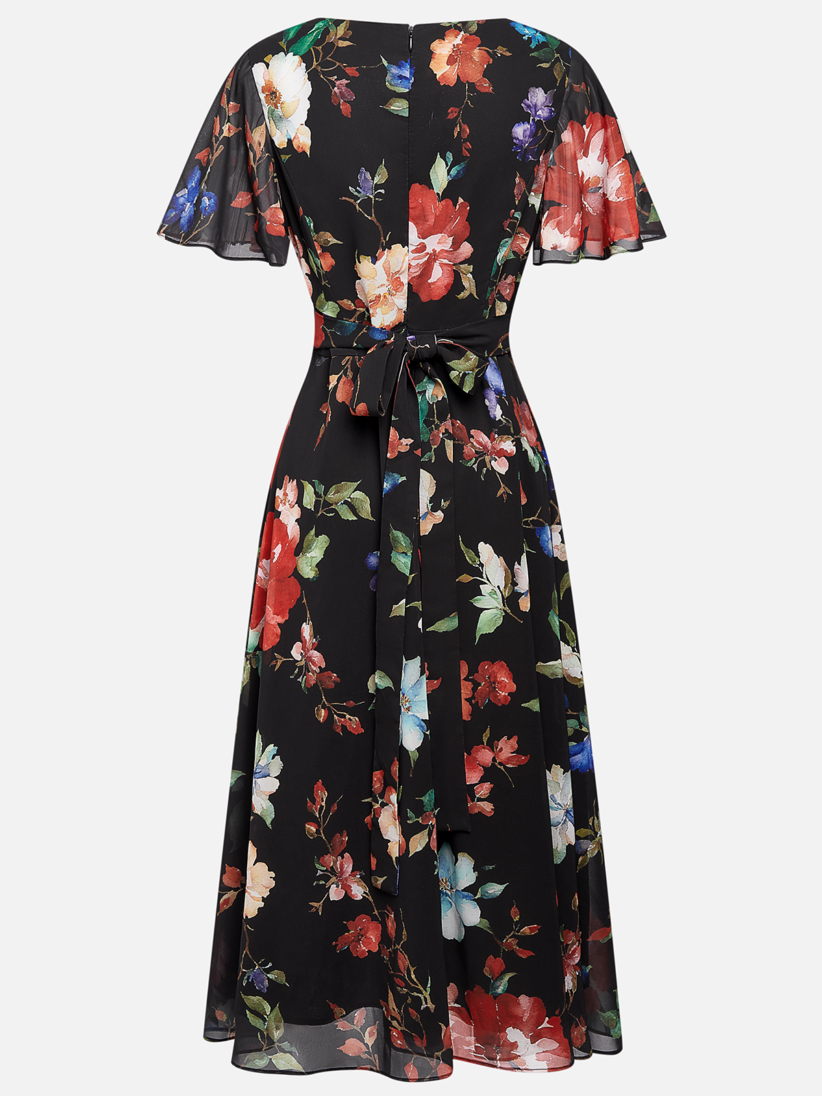 Black Floral Chiffon V Neck Short Sleeve Bell Sleeve A-Line Midi Dress