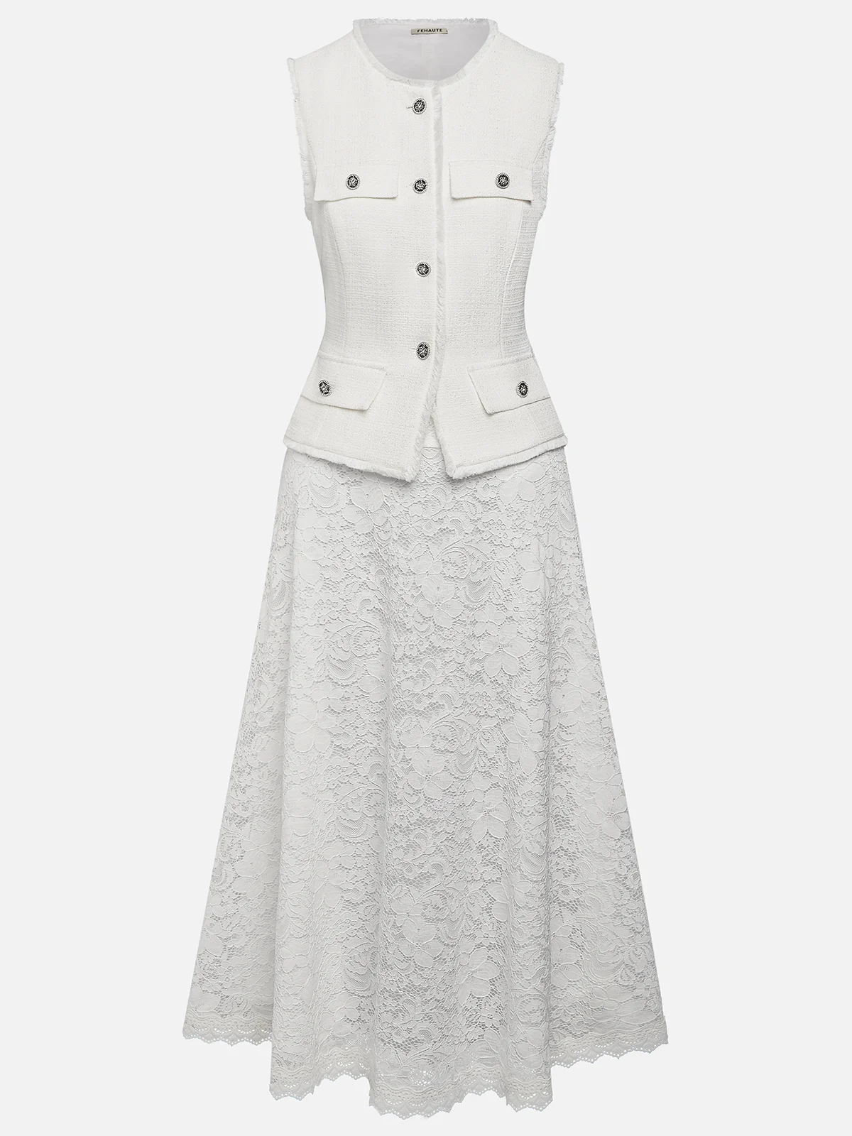 Women Tweed White Buckle Pocket Stitching Crew Neck Sleeveless Dressy Coat With Skirt Two-Piece Set