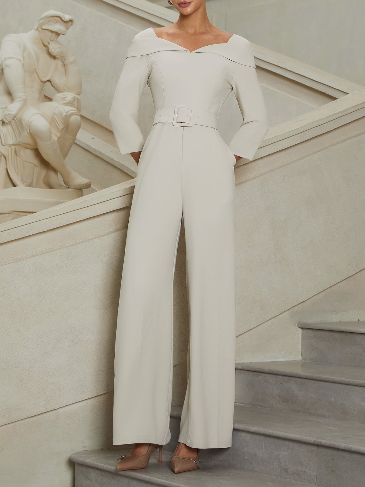 Women Beige Sweetheart Neckline Three Quarter Sleeve Dressy Jumpsuit