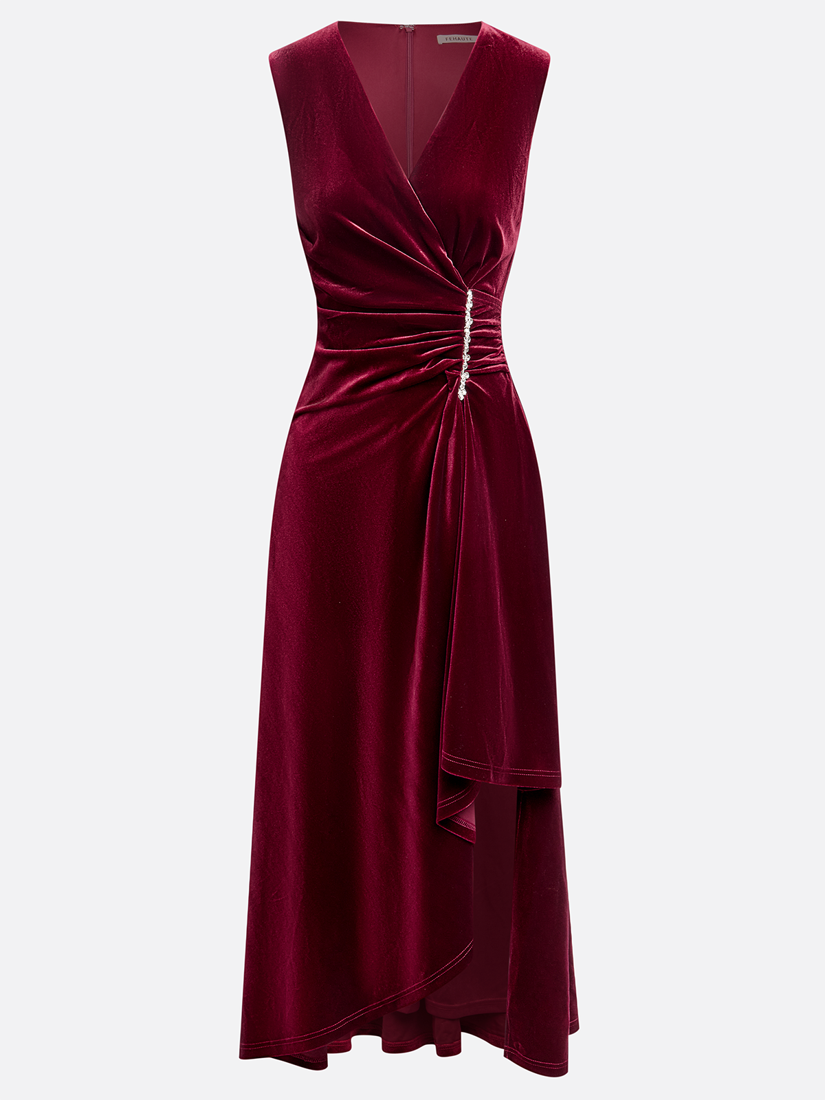 Wine Red Rhinestone Ruched Velvet V Neck Sleeveless A-Line Midi Dress